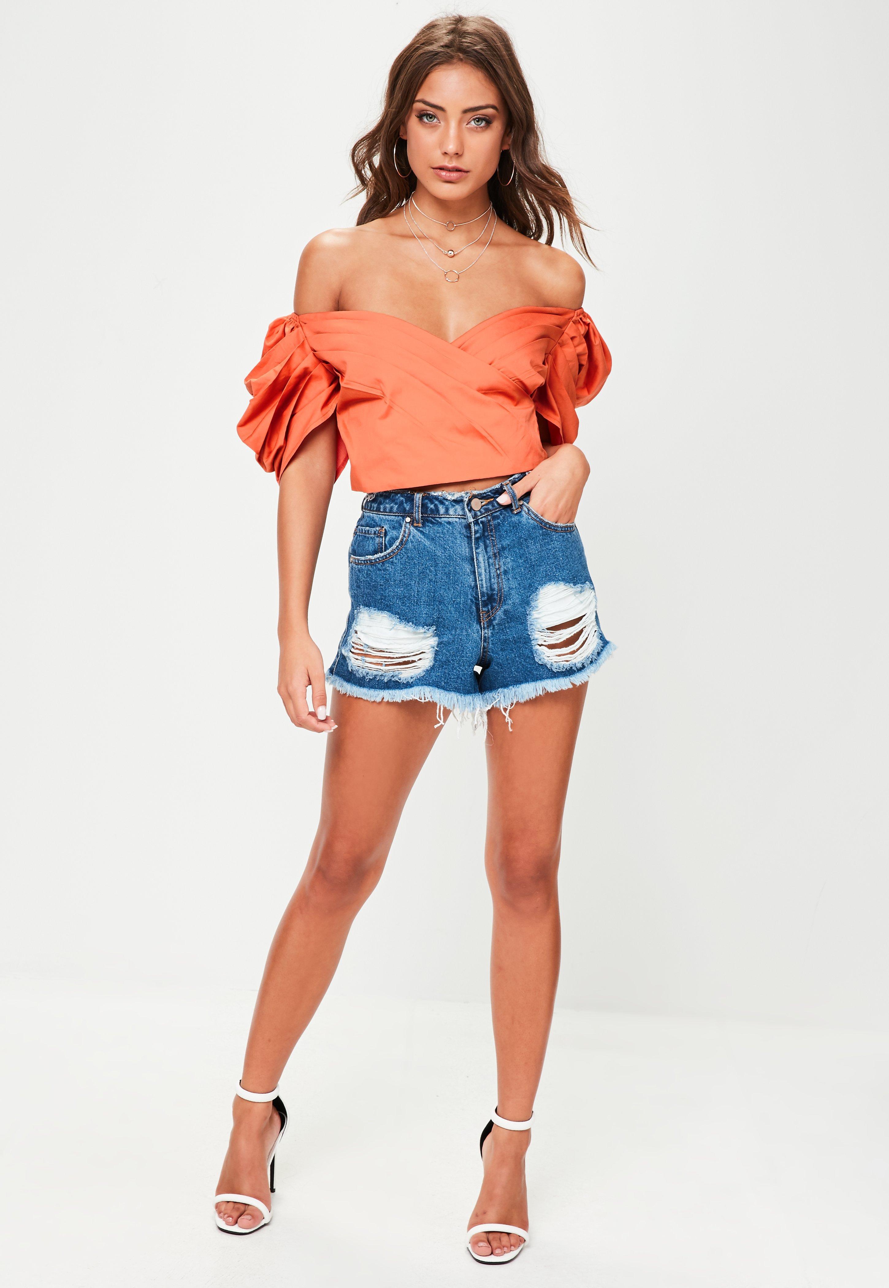 Lyst - Missguided Orange Puff Sleeve Pleated Crop Top in Orange