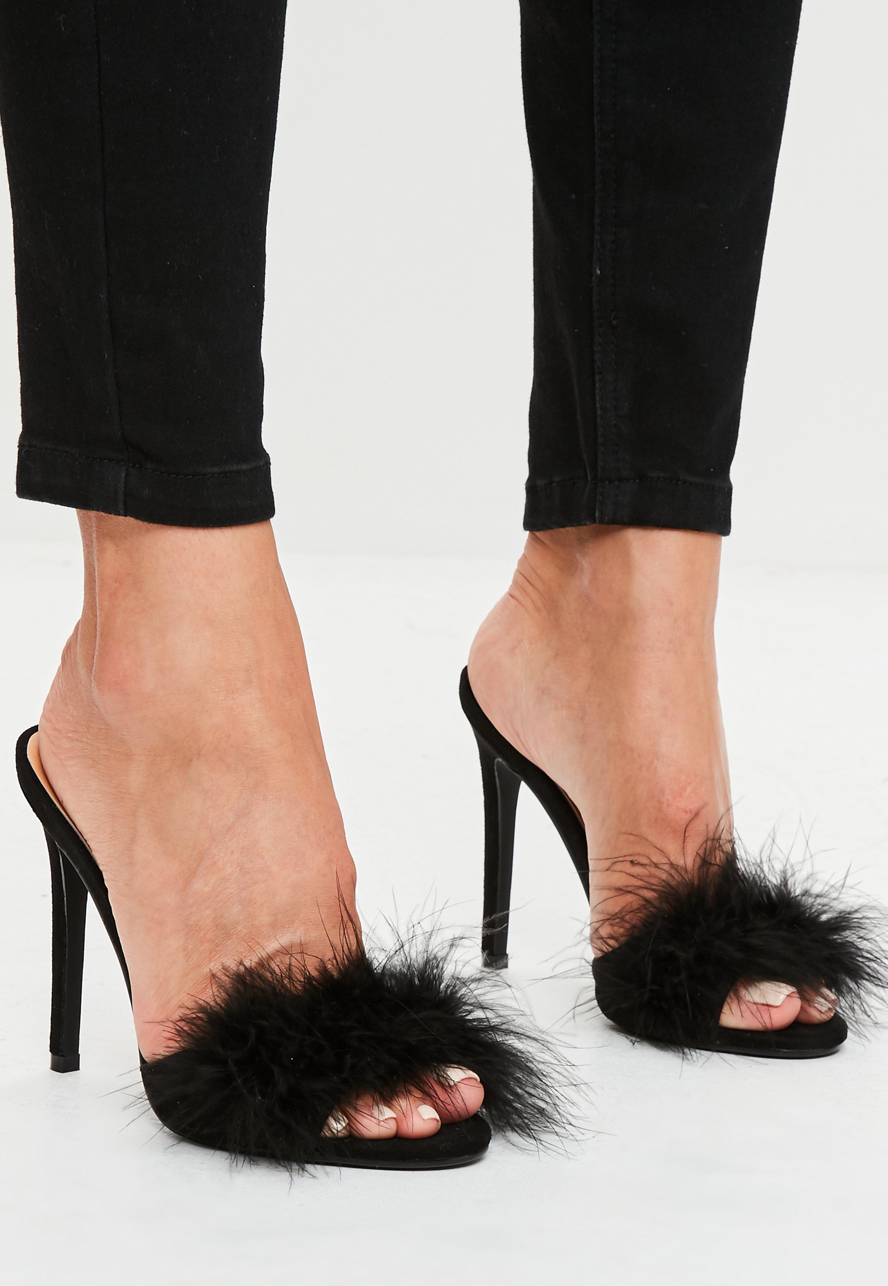 Lyst Missguided Black Feather Heeled  Mules  in Black