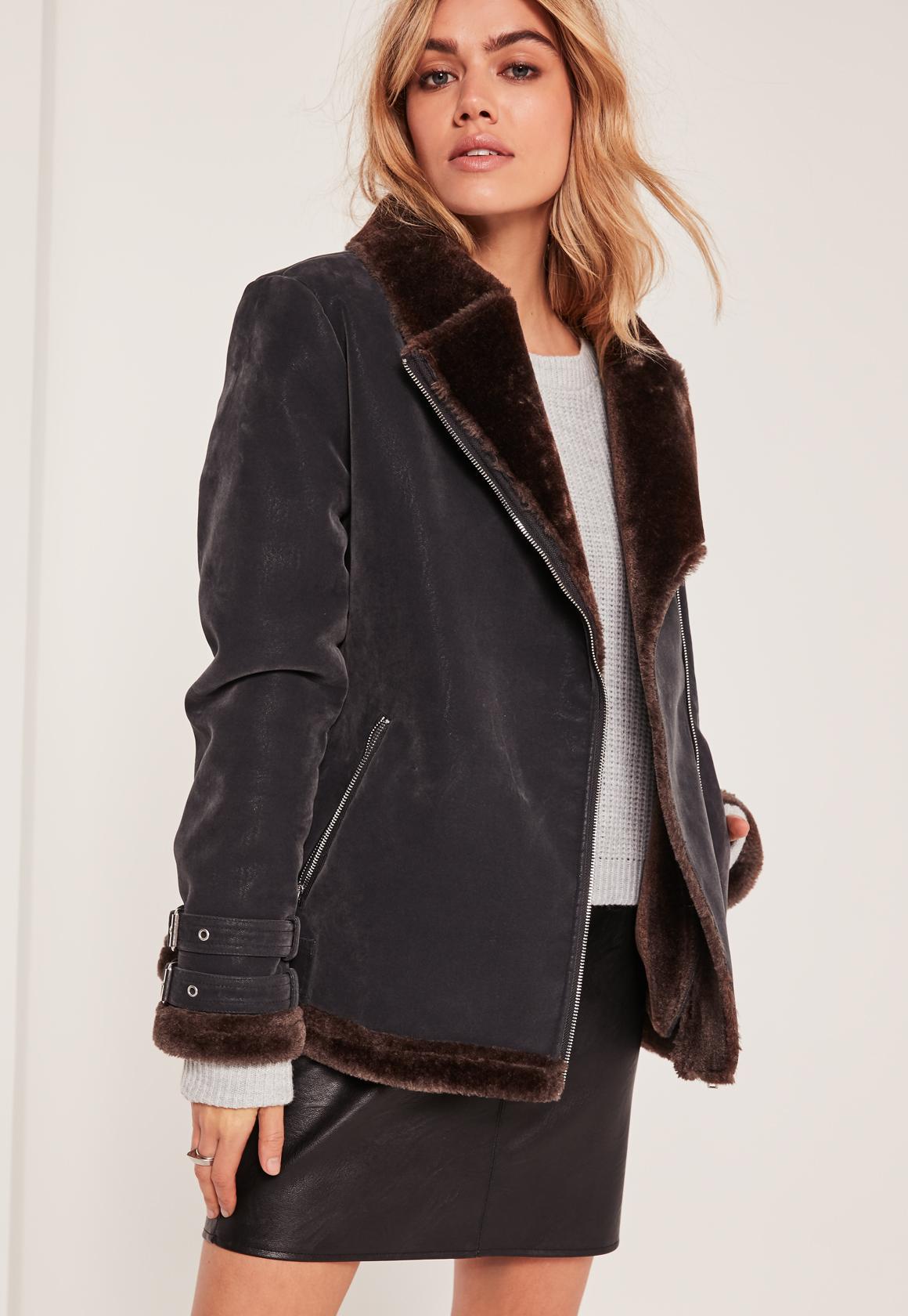 Lyst - Missguided Black And Brown Faux Fur Lined Aviator Jacket in Black