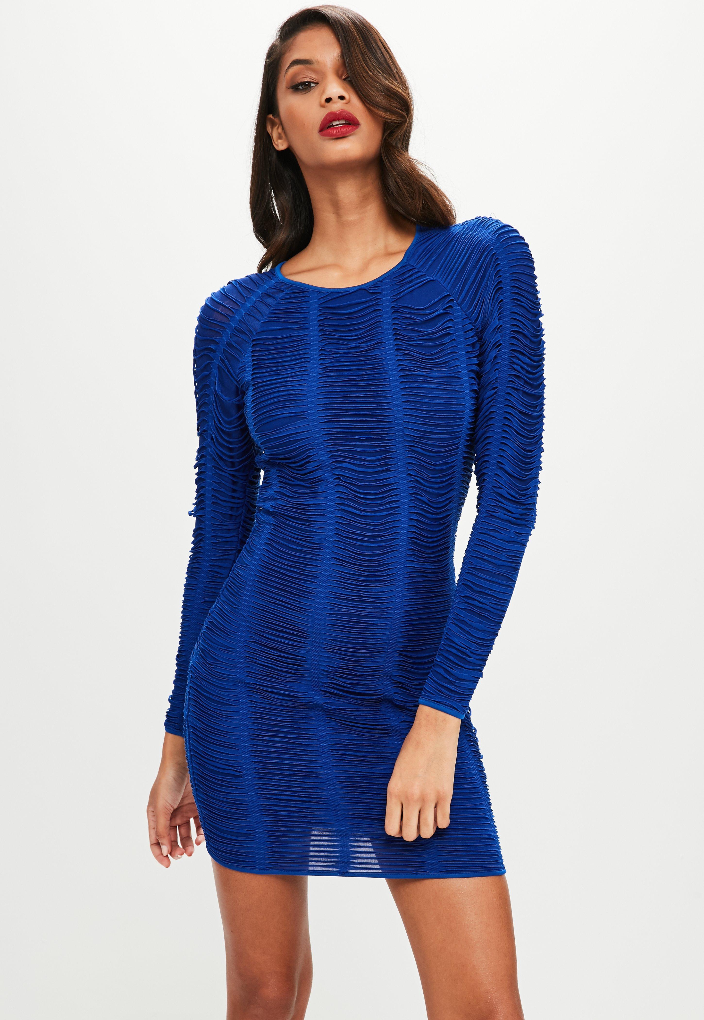 Lyst - Missguided Blue Distressed Round Neck Long Sleeve Bodycon Dress ...
