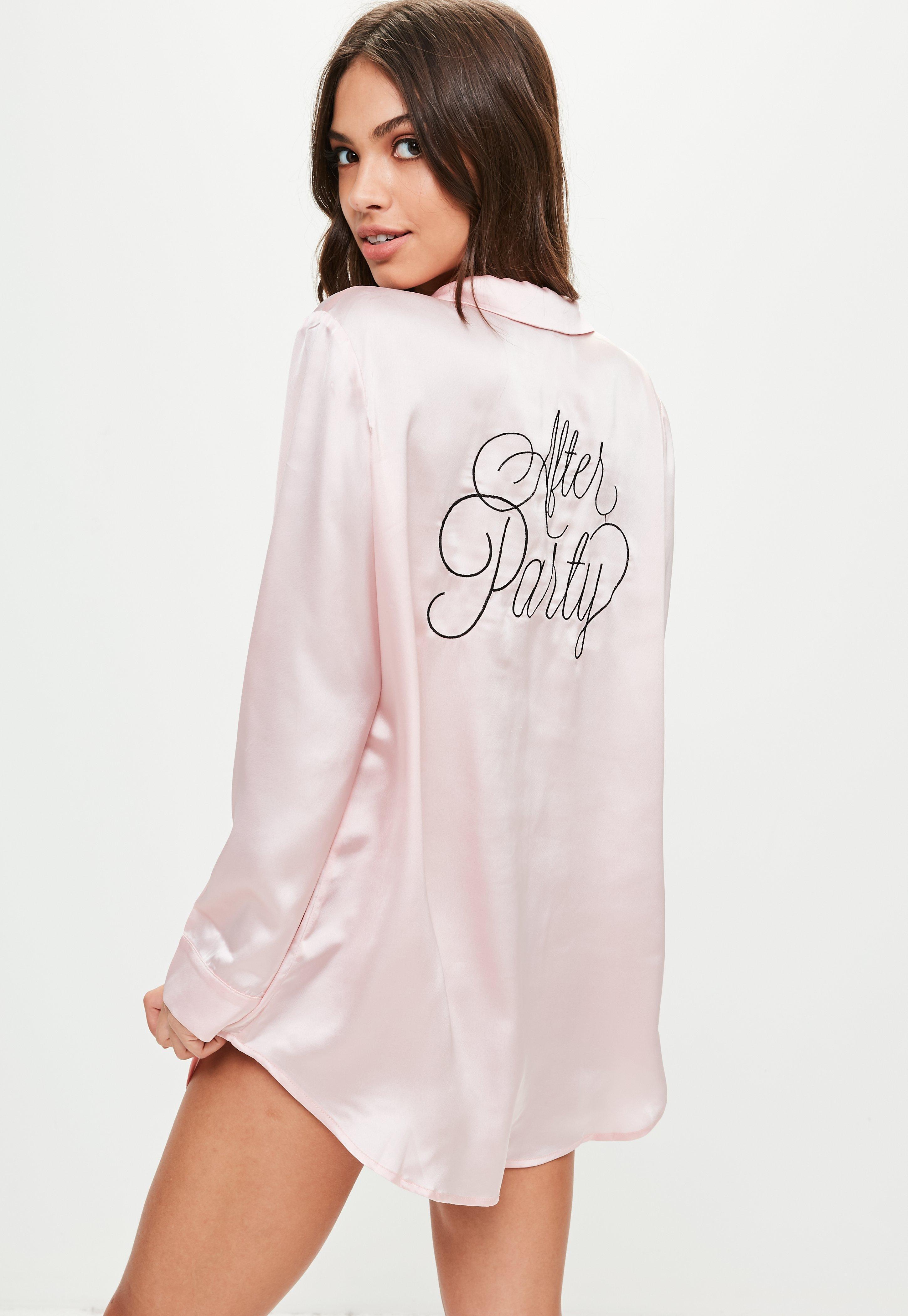 Lyst Missguided Pink Embroidered Satin Night Shirt in Pink