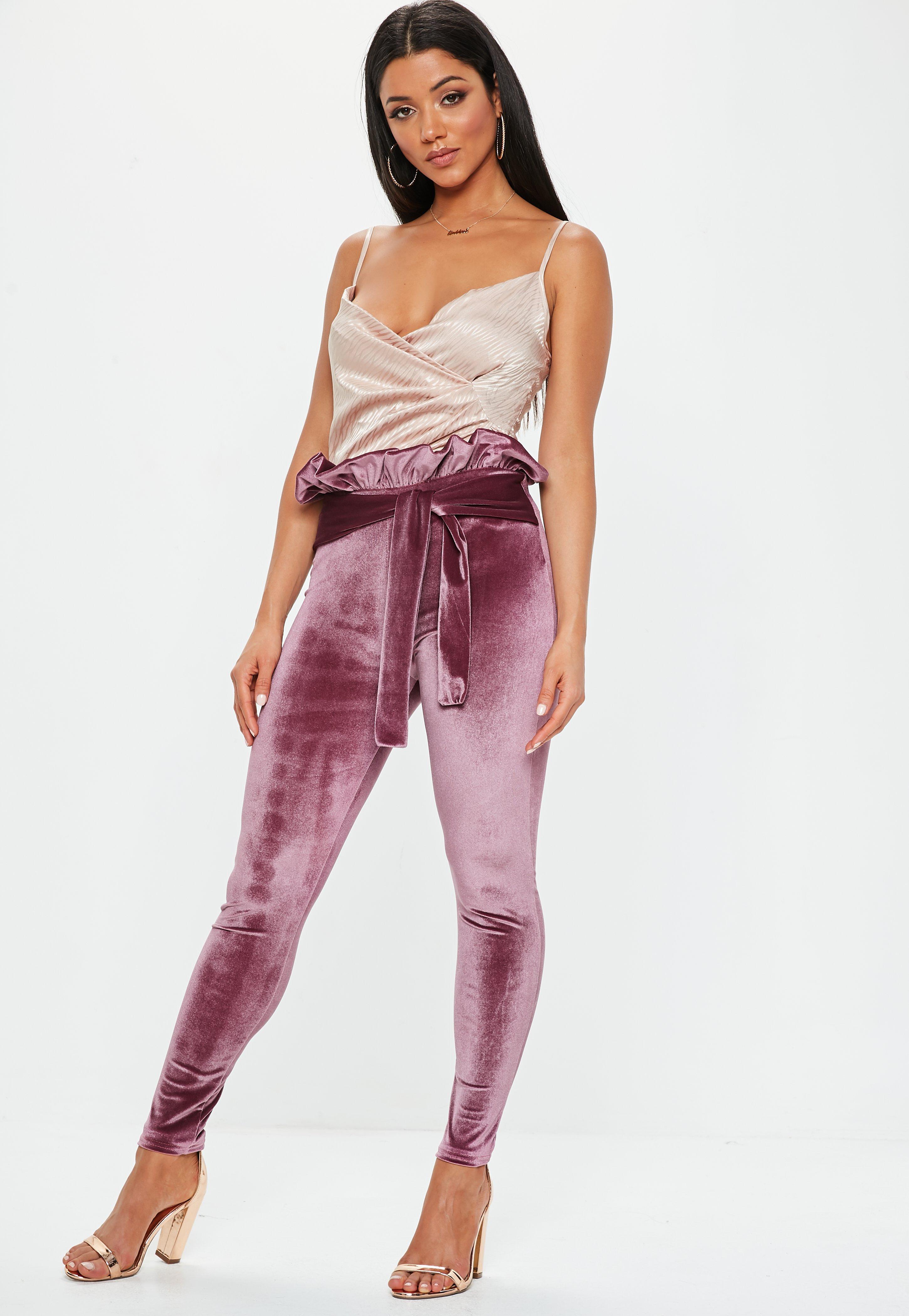 Lyst Missguided Dusky Pink Velvet Paper Bag Trousers In View Fullscreen