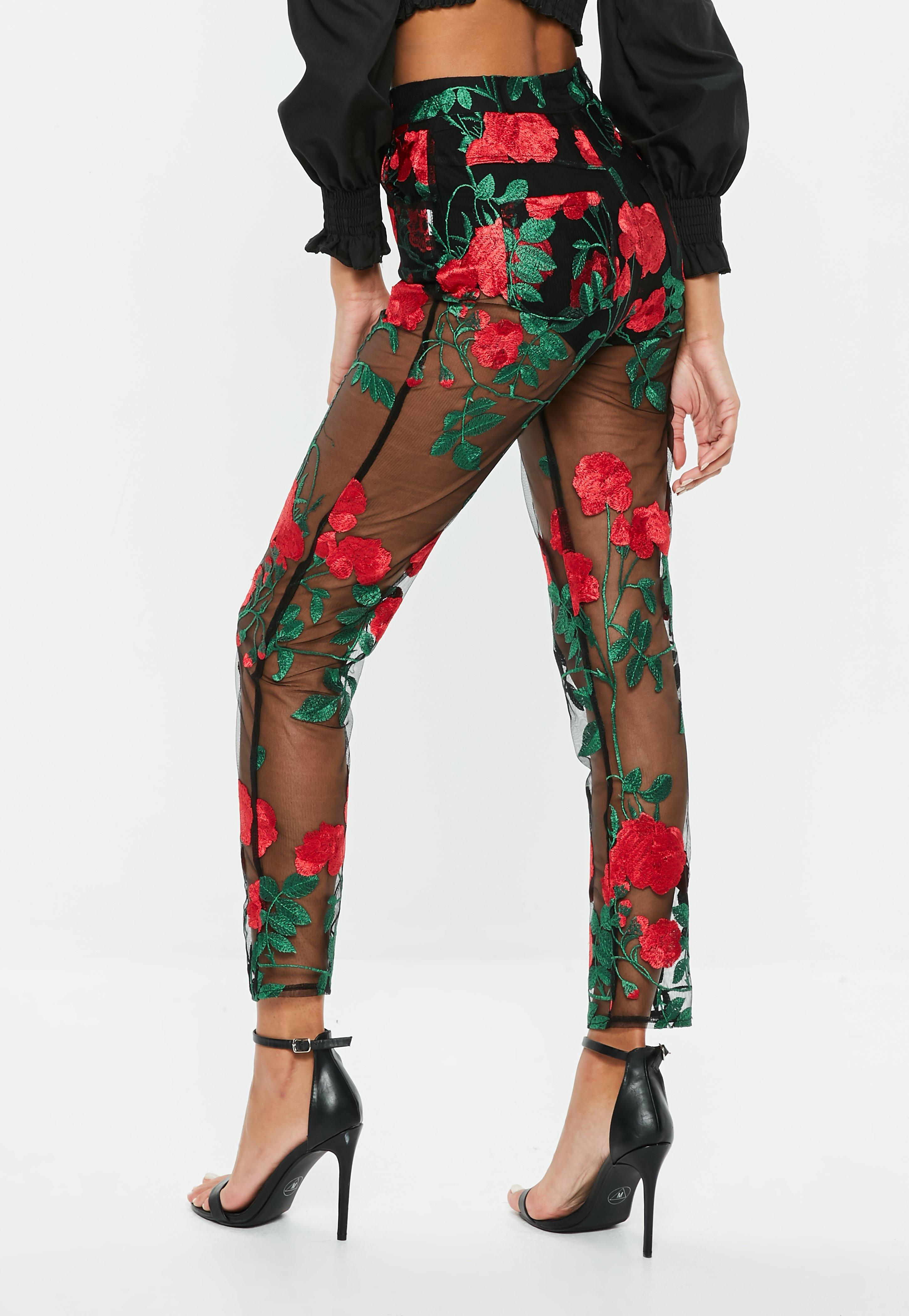 Lyst - Missguided Black Floral Embroidered Slim Leg Mesh Trousers in Black
