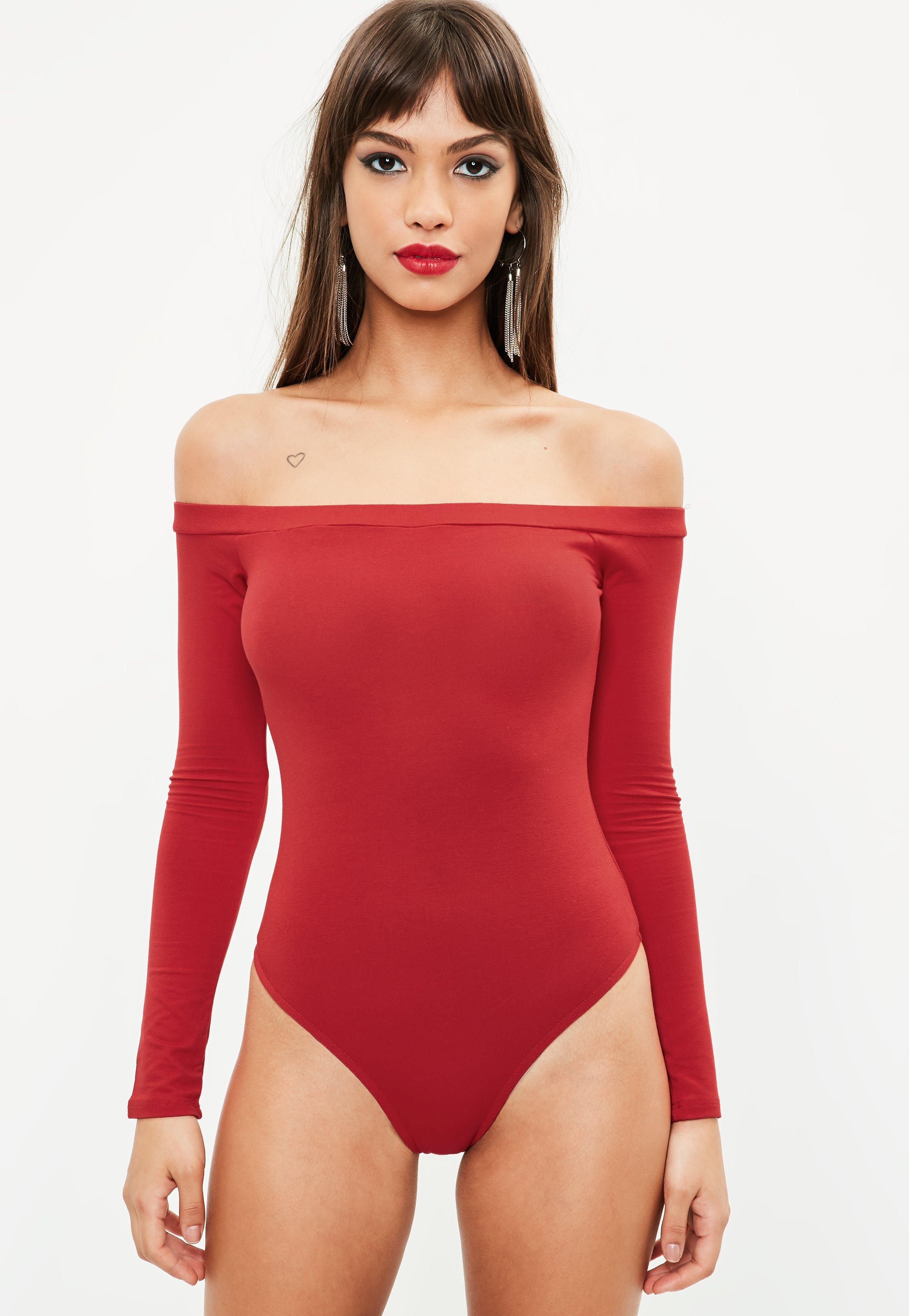 Lyst Missguided Red Jersey Bardot Bodysuit In Red