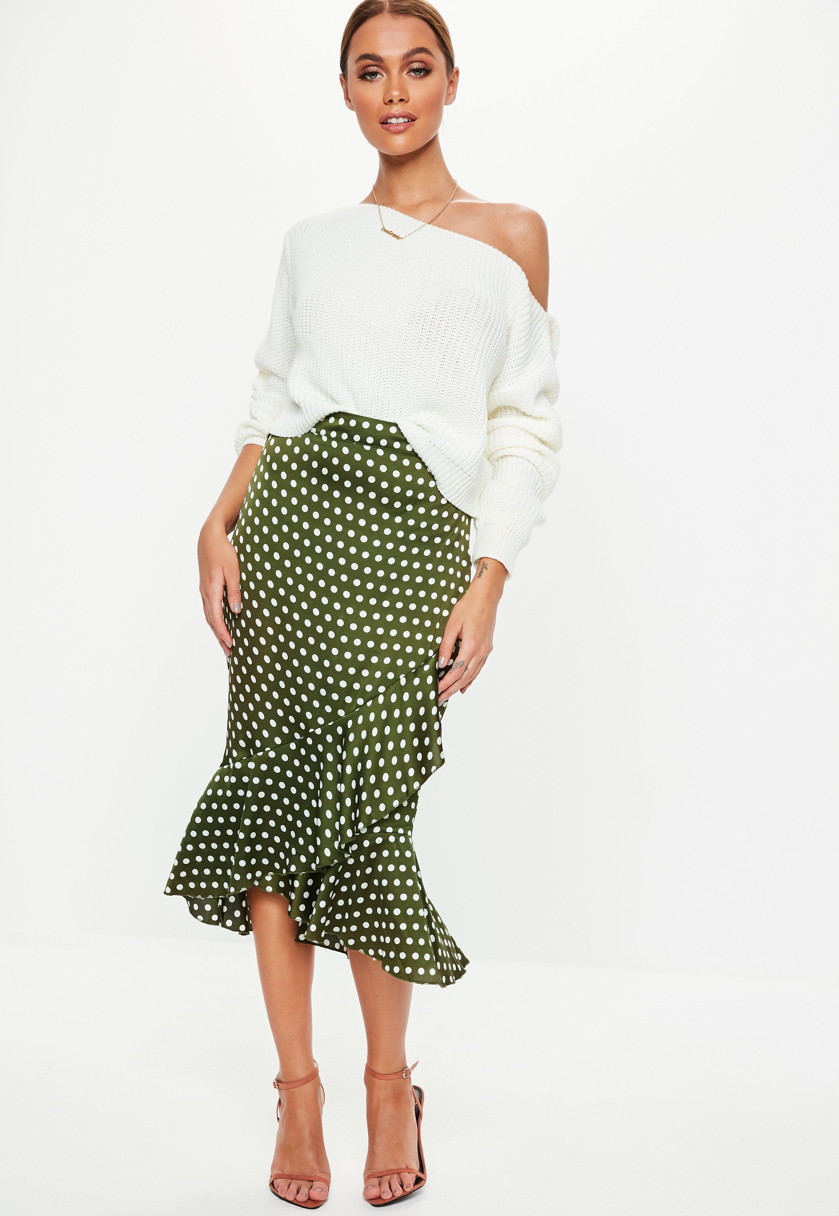 Lyst - Missguided Olive Green Satin Polka Dot Frill Midi Skirt in Green
