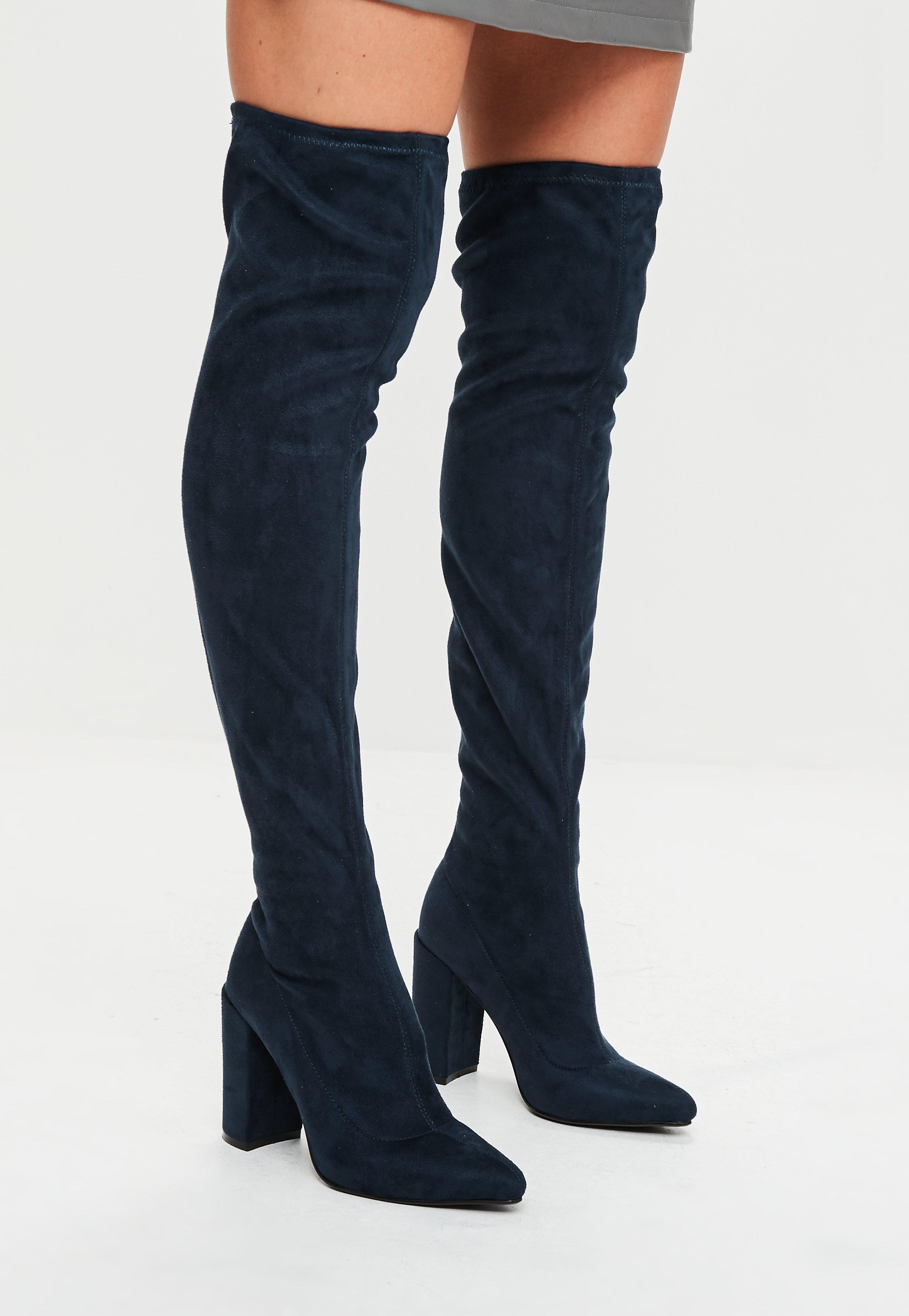 Lyst - Missguided Navy Pointed Faux Suede Over The Knee Boots in Blue