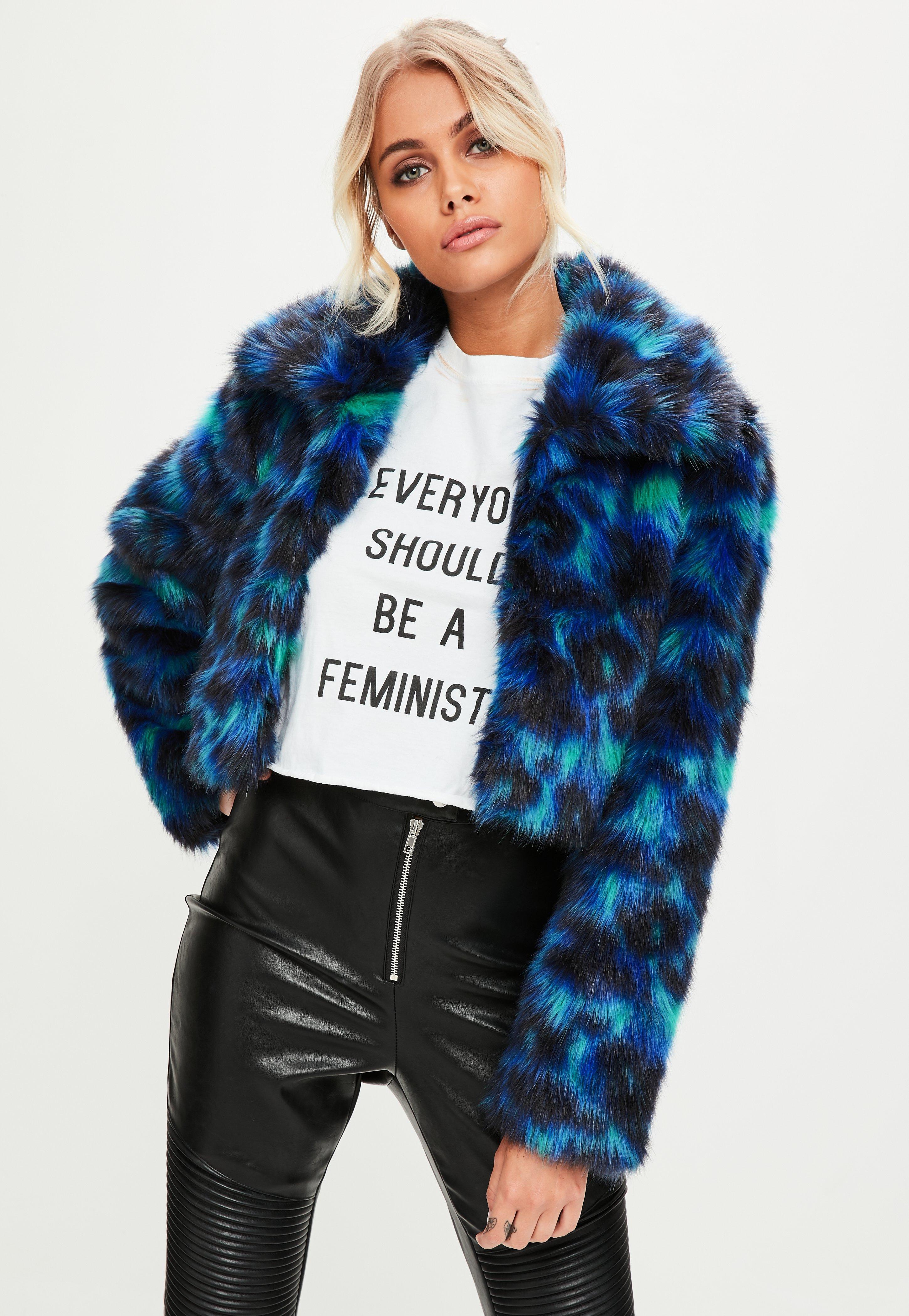Lyst Missguided Blue Leopard Print Faux Fur Coat in Blue