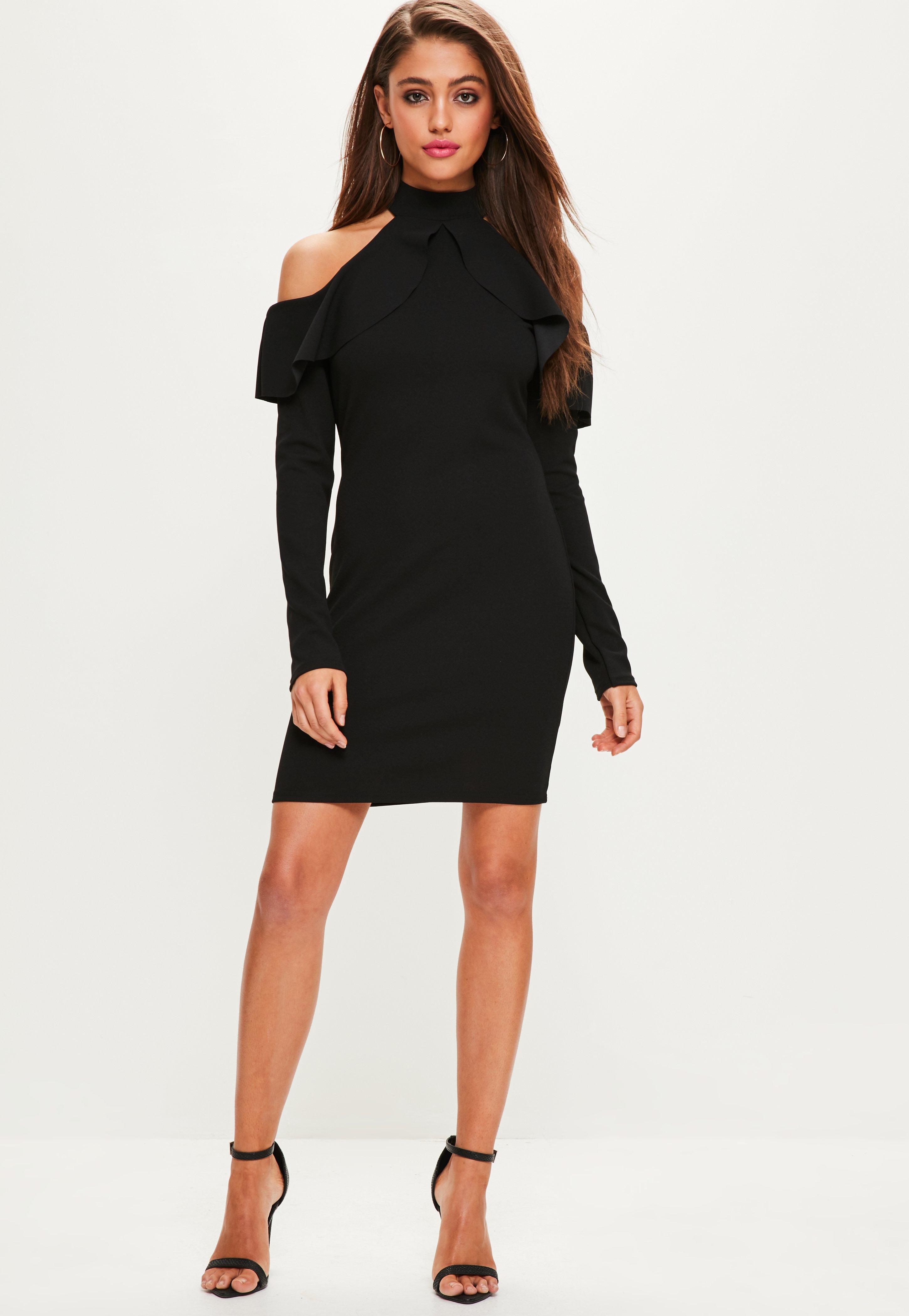 Lyst - Missguided Frill Cold Shoulder Long Sleeve Dress Black in Black