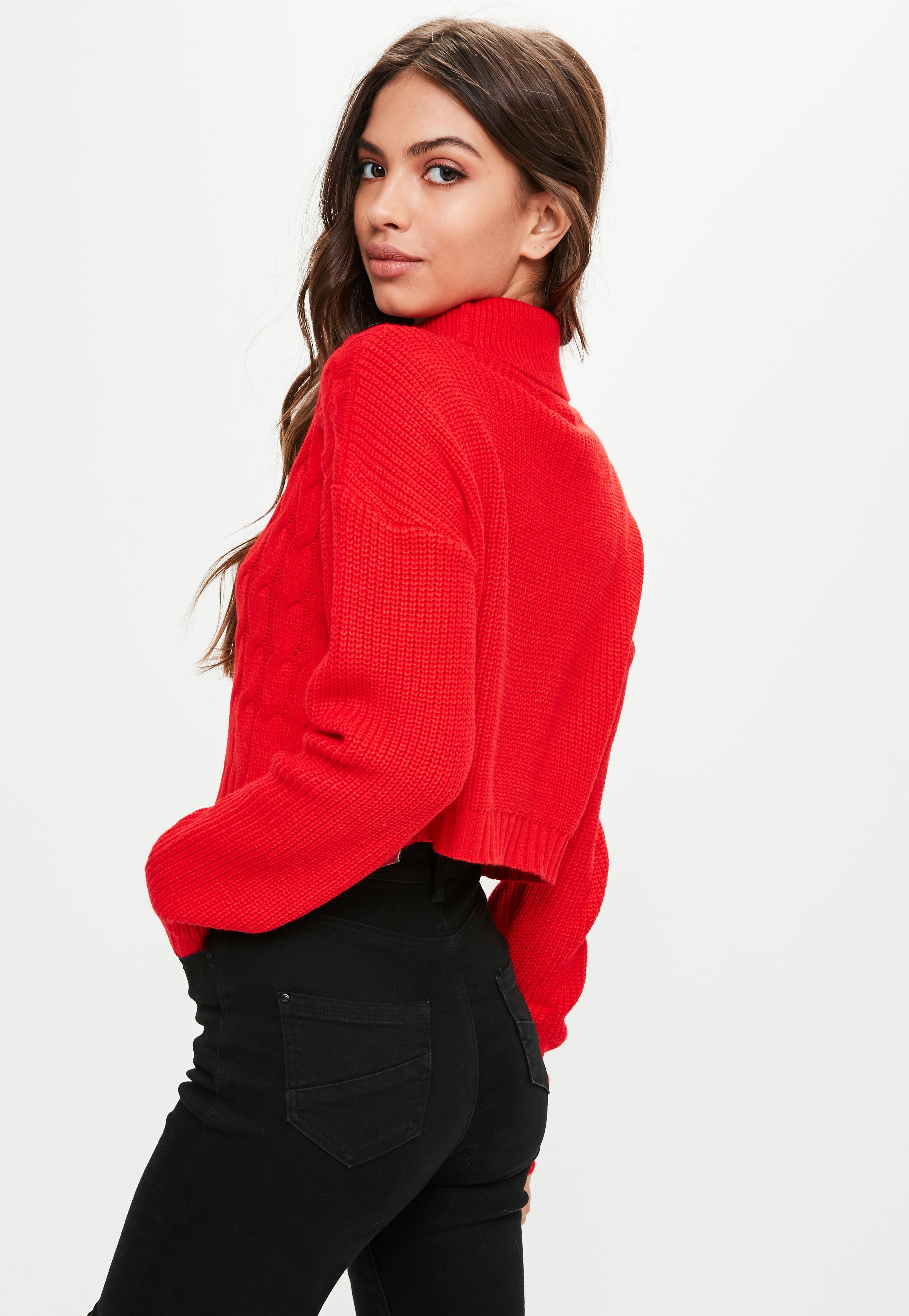 Missguided Red Funnel Neck Crop Sweater in Red | Lyst