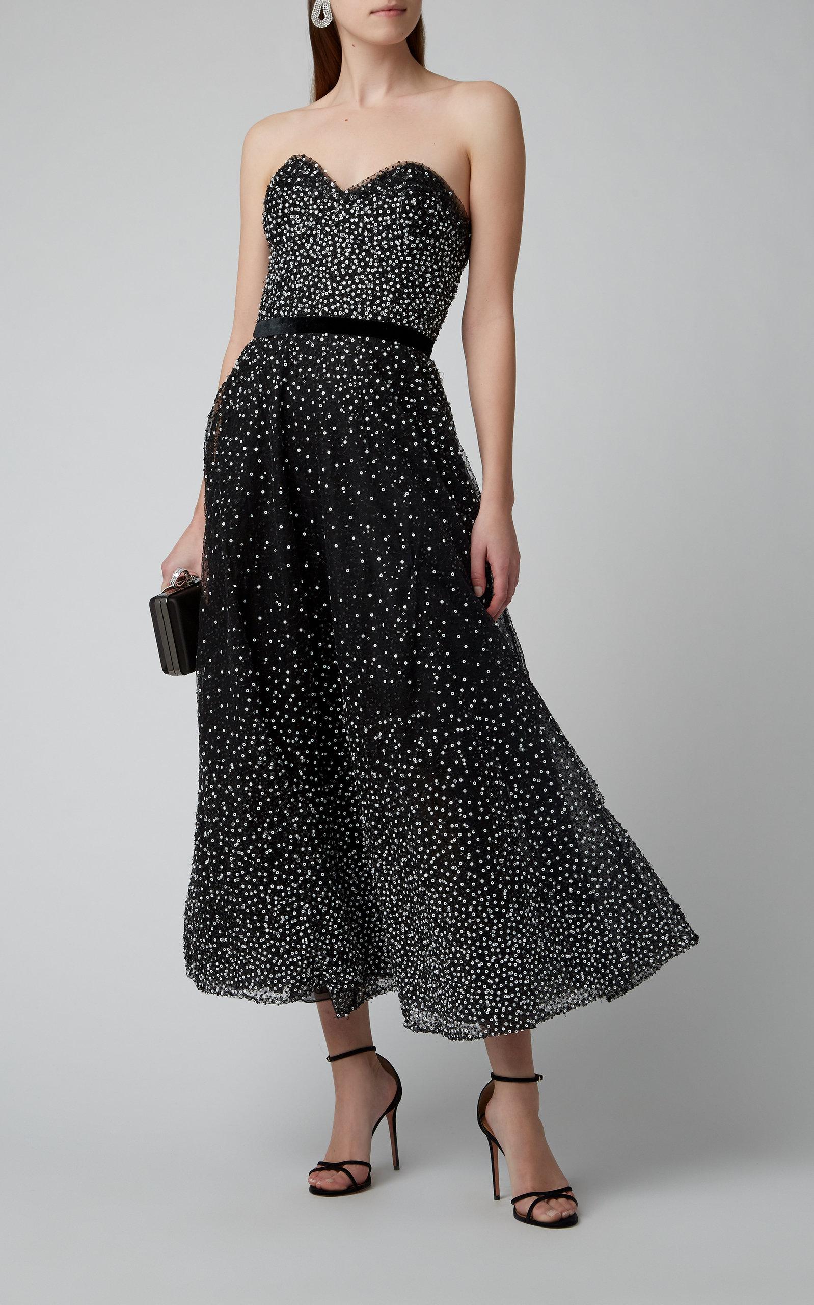 Marchesa Synthetic Strapless Sequined Tulle Midi Dress in Black - Lyst