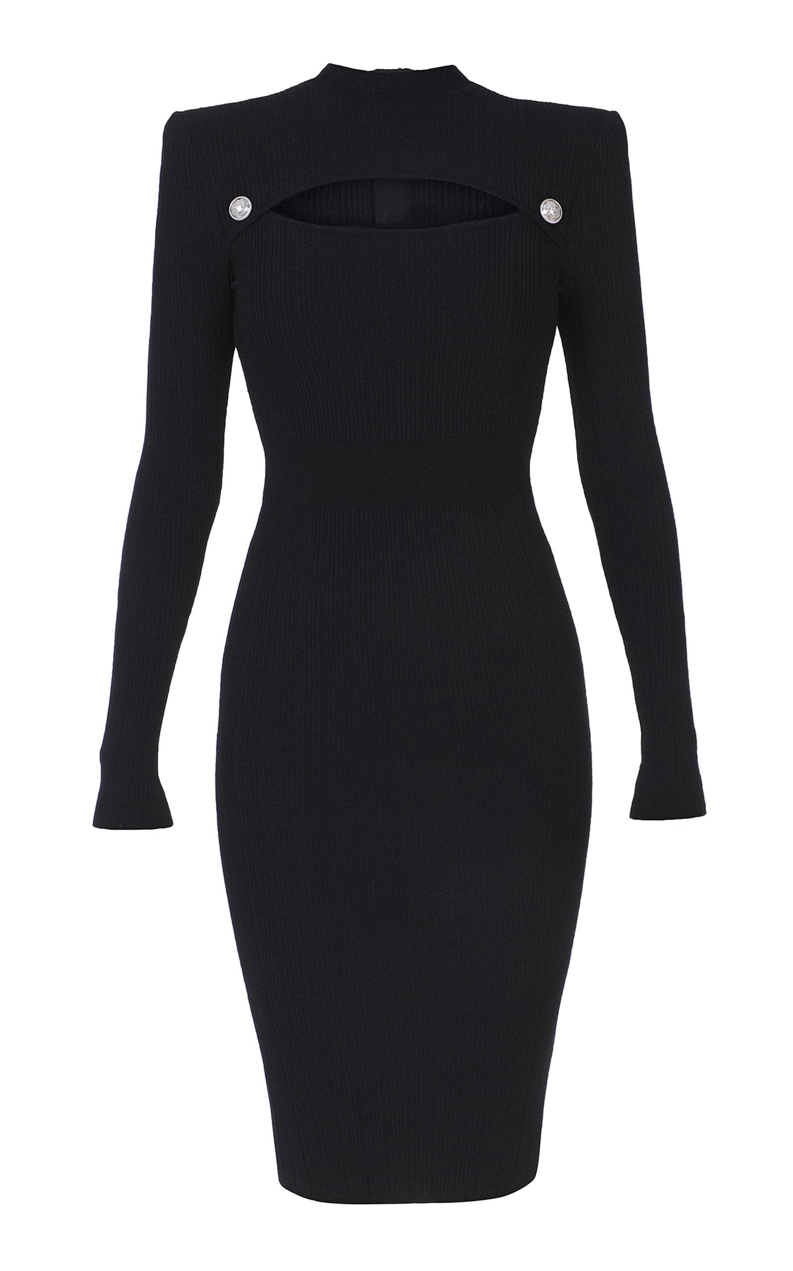 Balmain Long Sleeve Cutout Knit Mock Neck Midi Dress in Black - Lyst