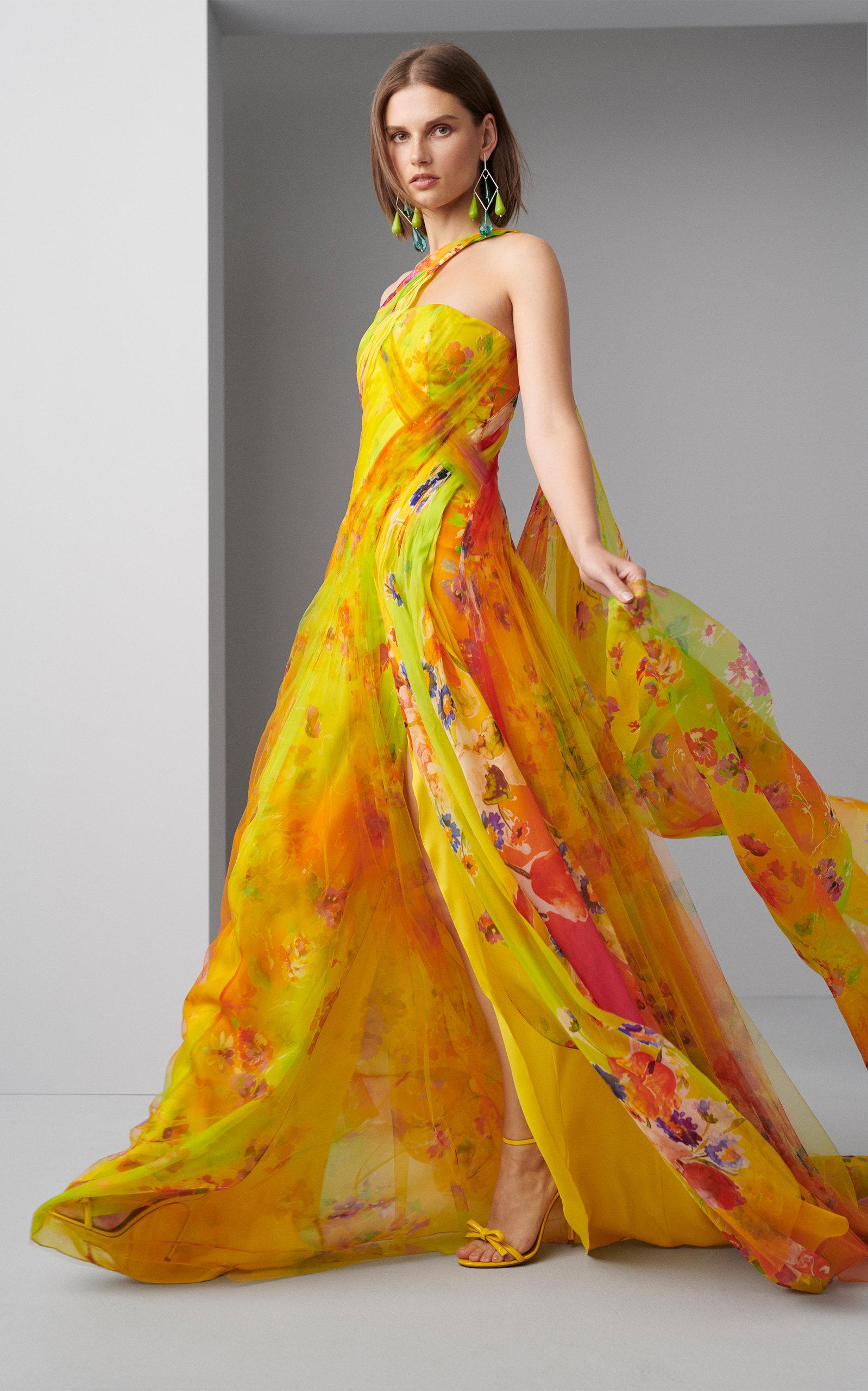 Ralph Lauren Vivianne Floral Organza Evening Dress In Yellow - Lyst