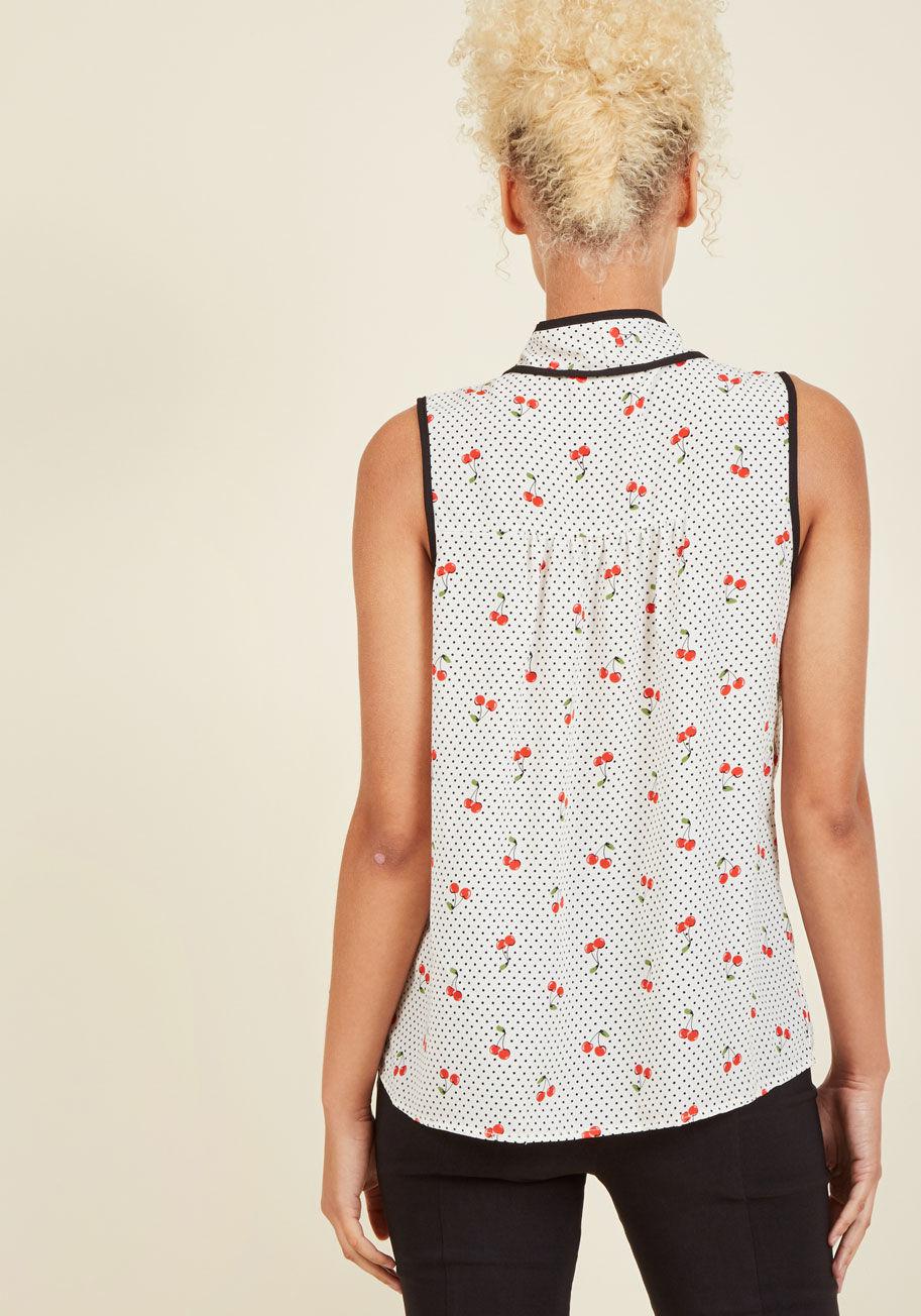Lyst Modcloth Trimmed Tie Neck Sleeveless Top In White Cherries in White