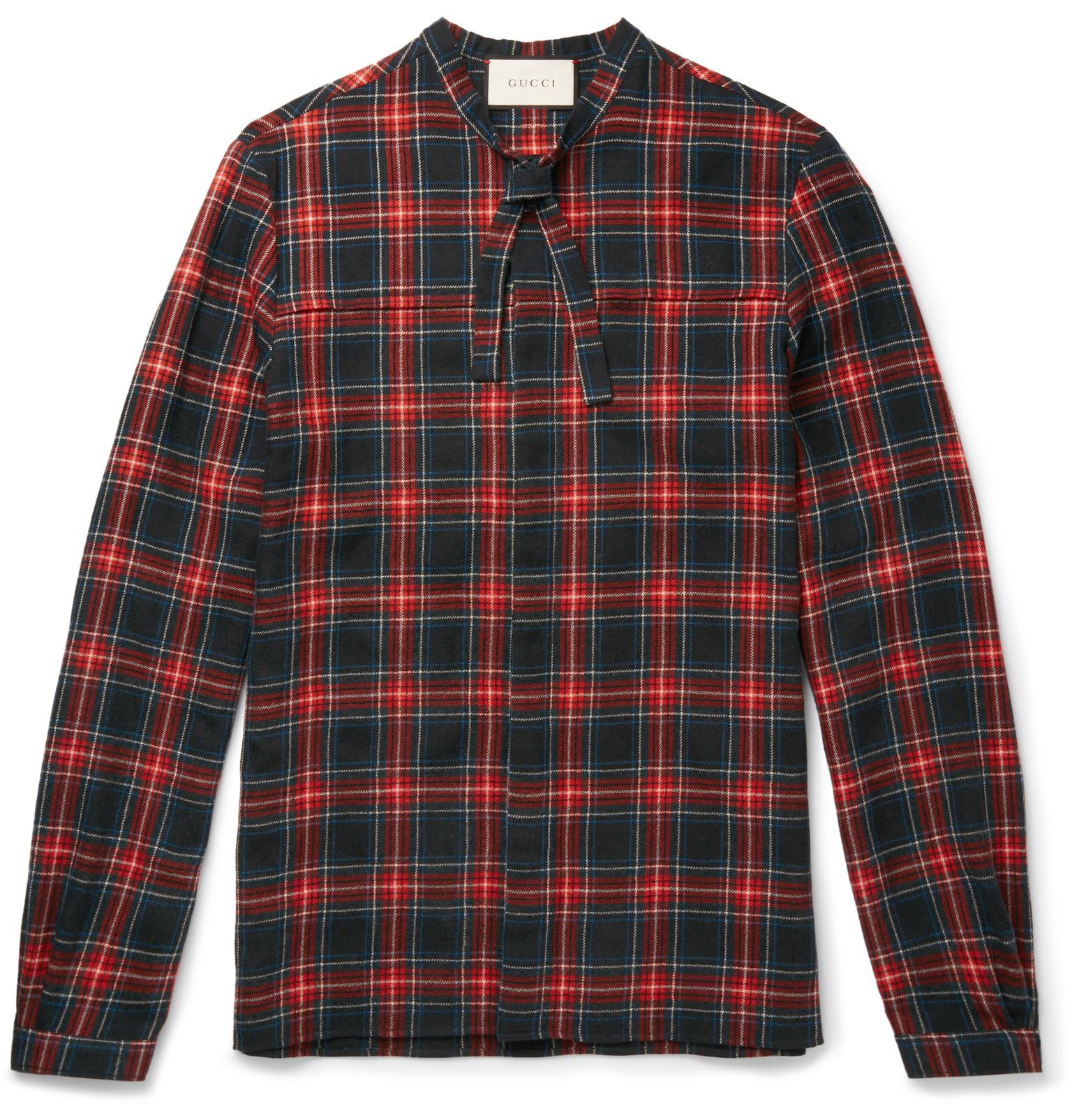 Gucci Slim-fit Neck-tie Checked Wool And Cotton-blend Flannel Shirt for ...