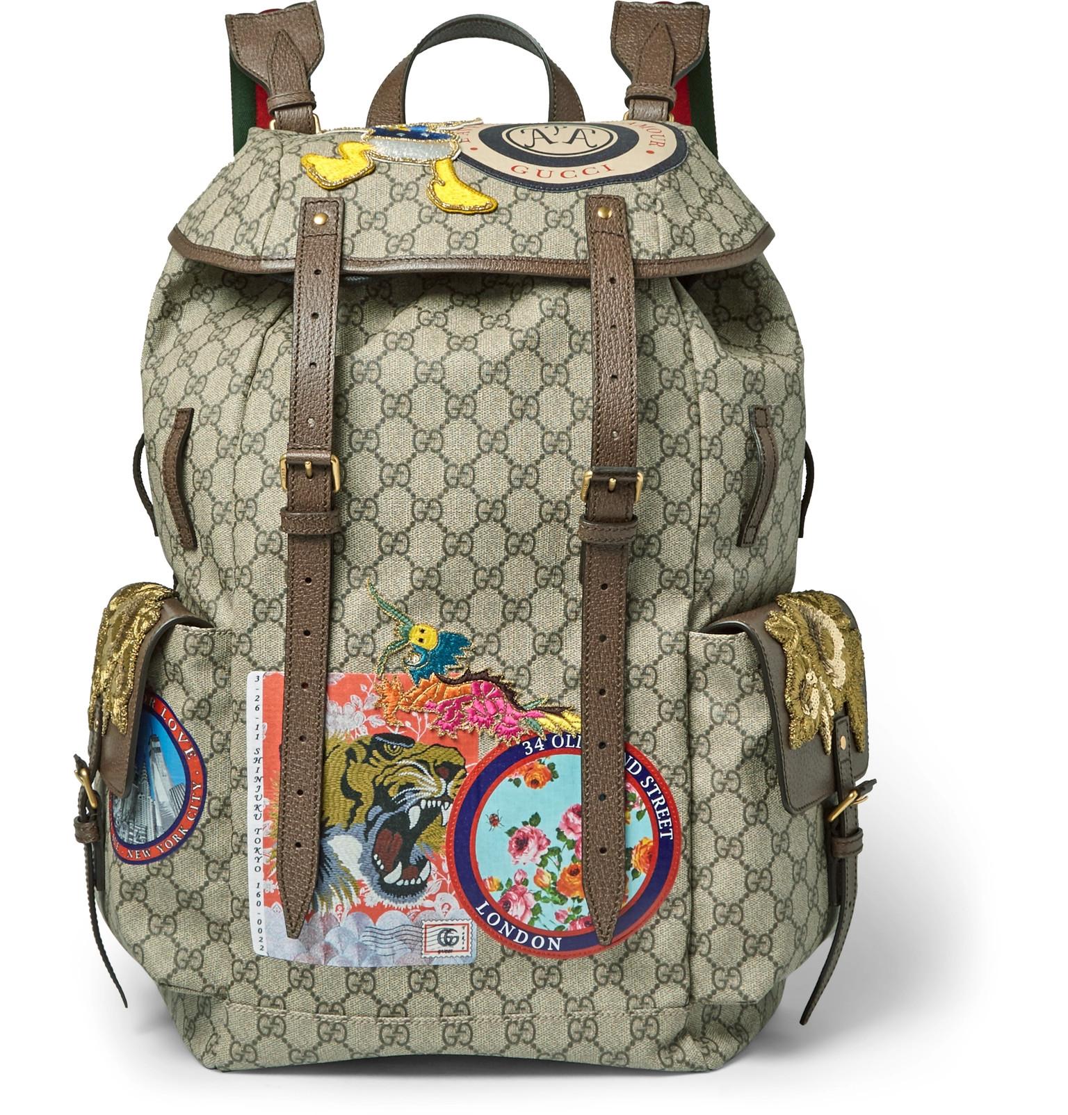 Gucci Leather-trimmed Appliquéd Monogrammed Coated-canvas Backpack in Brown for Men | Lyst