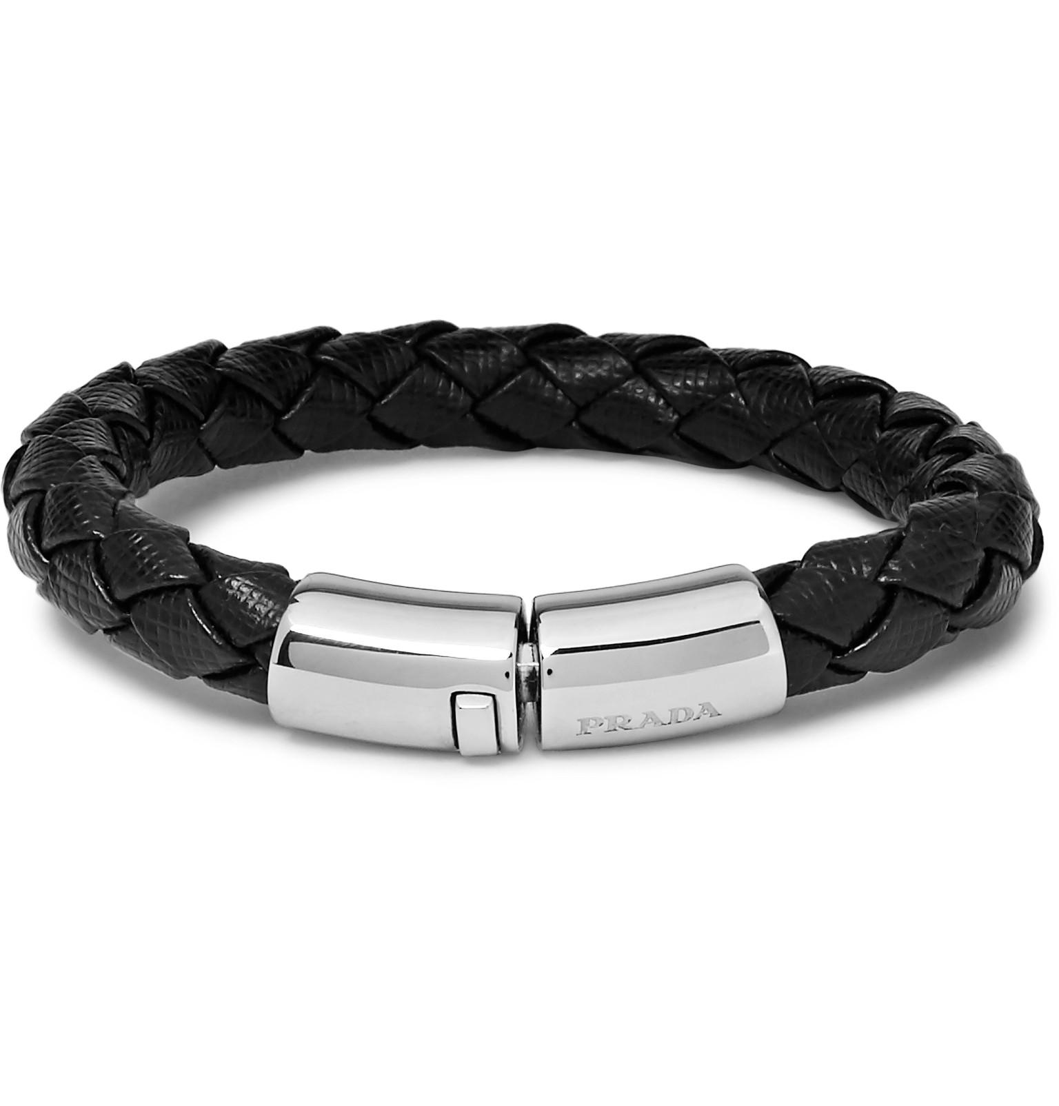 Lyst - Prada Woven Saffiano Leather And Silver-tone Bracelet in Black ...
