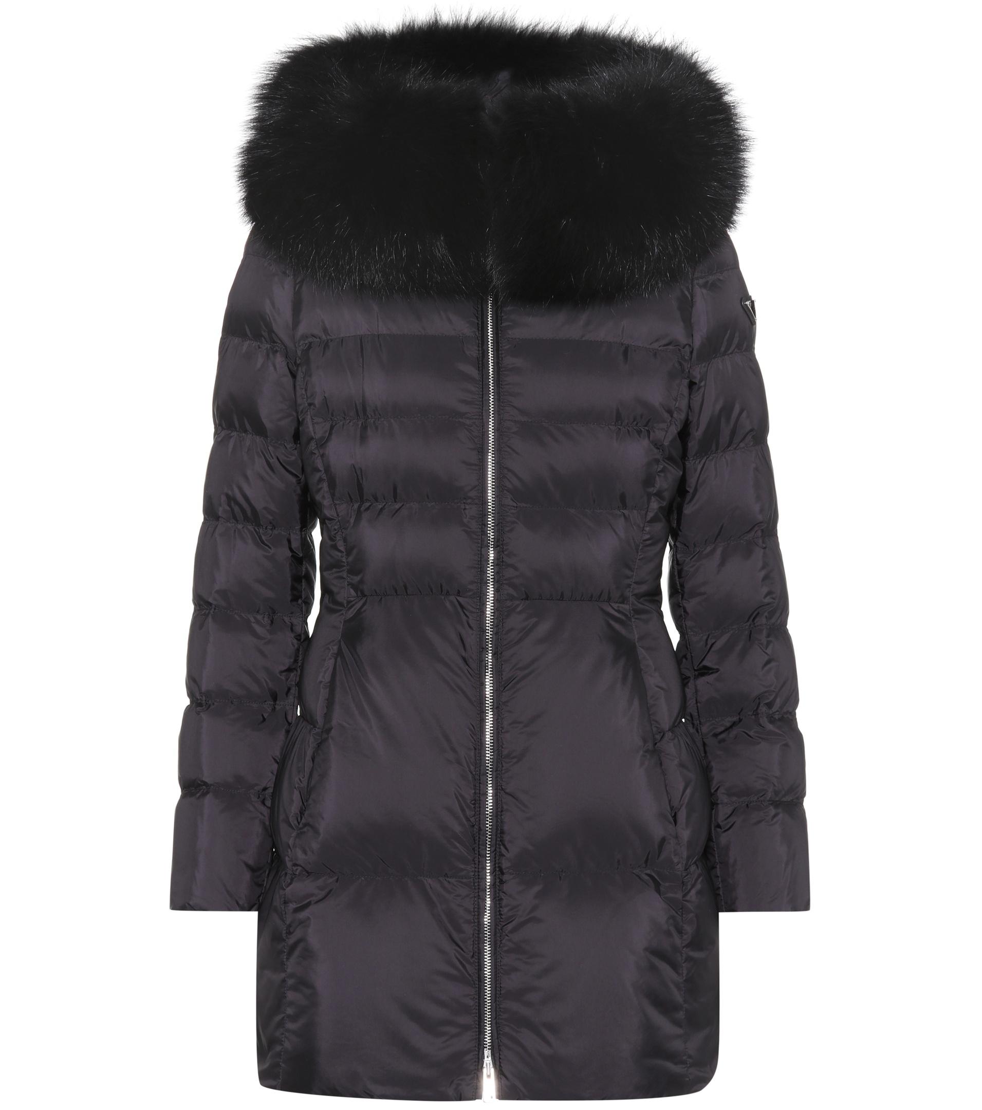 Prada Fur-trimmed Down Coat in Black - Lyst