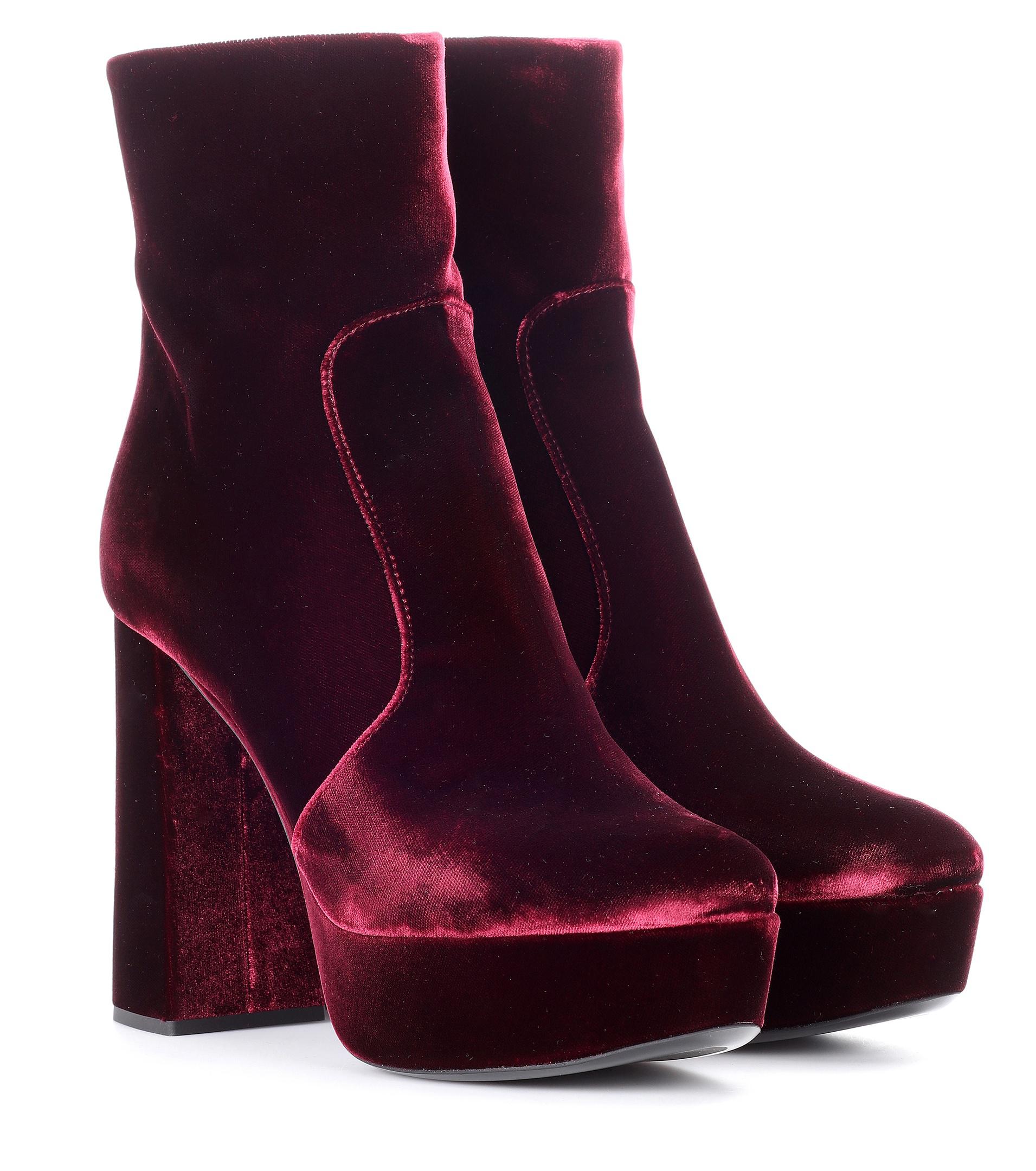 Lyst - Prada Velvet Plateau Ankle Boots in Red