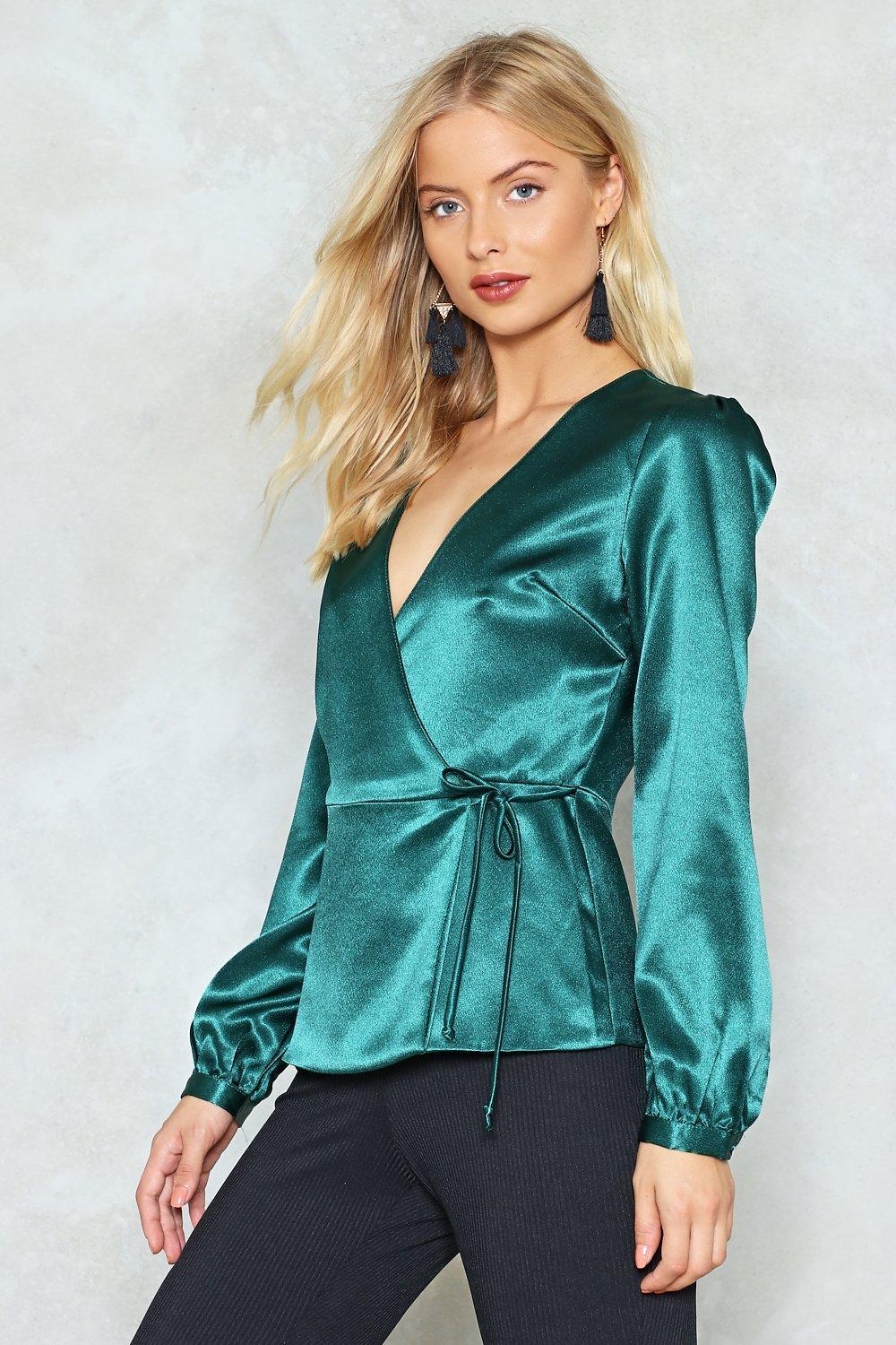 Nasty Gal Satin Wrap Blouse in Green - Lyst