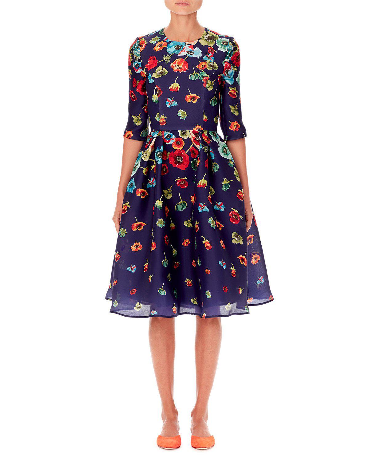 Lyst - Carolina Herrera Floral-print Elbow-sleeve A-line Dress in Blue