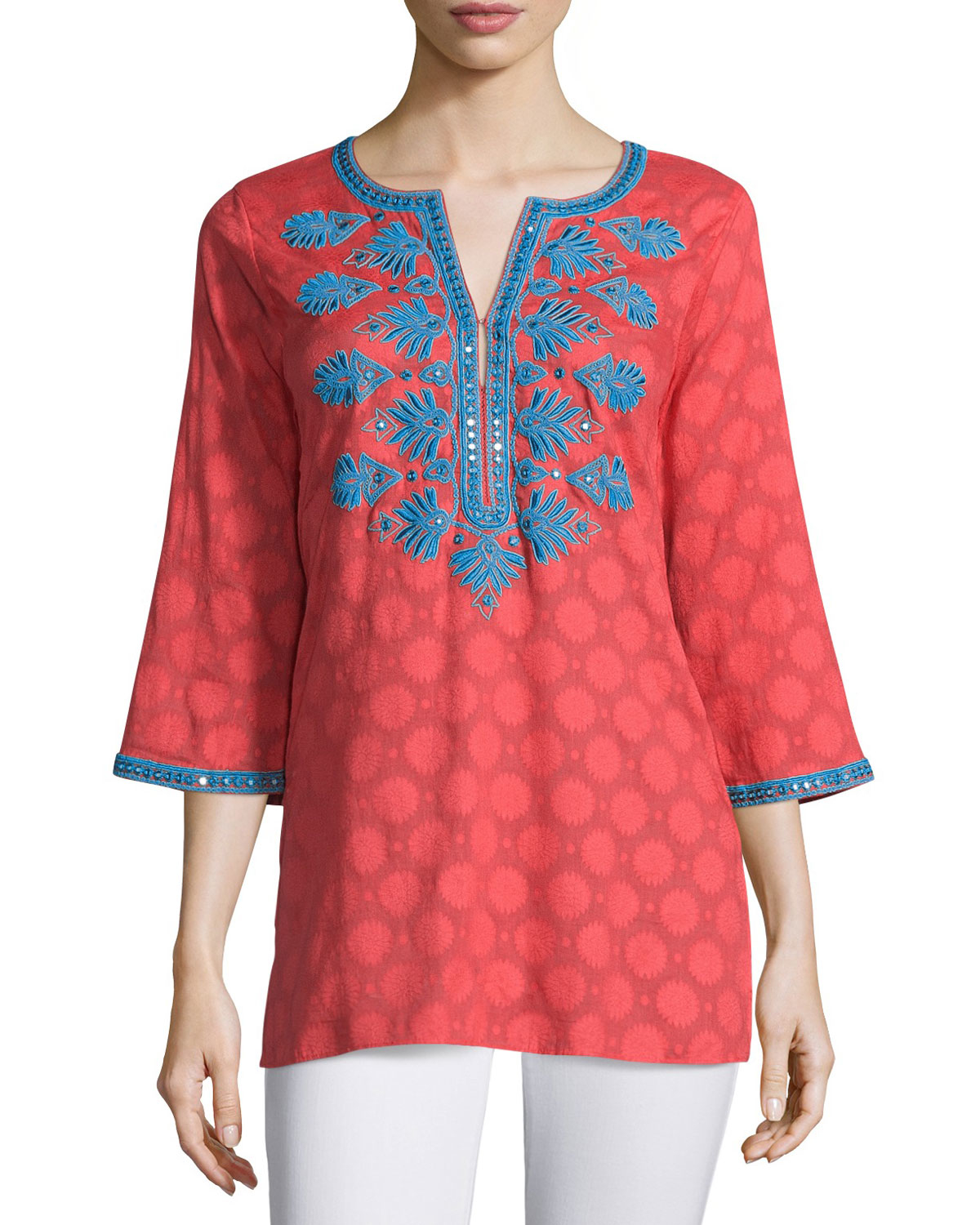 Sulu collection Olivia Dot-print Embroidered Tunic in Red | Lyst