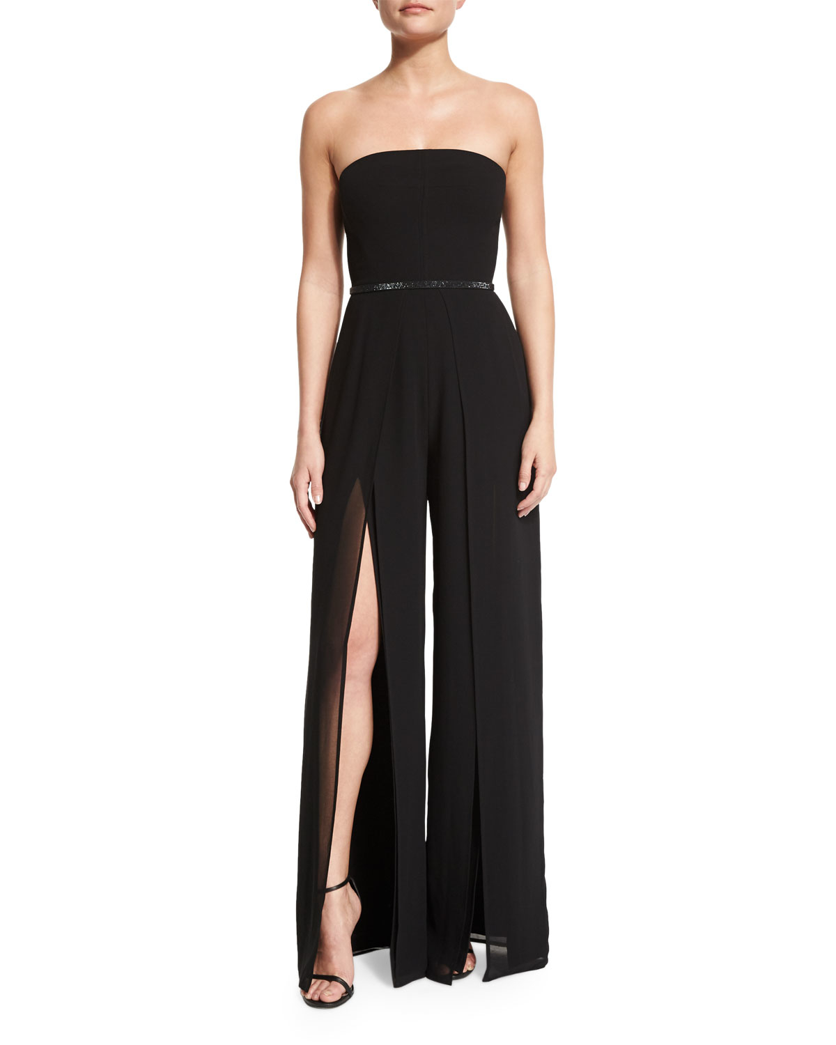 Lyst - Halston Strapless Belted Wide-leg Jumpsuit W/thigh-high Slits in ...