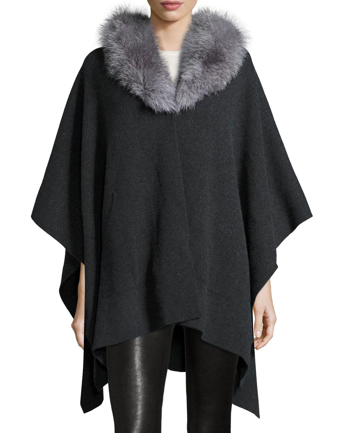 Lyst - Sofia Cashmere Cashmere Cape W/ Fox Fur Collar in Black