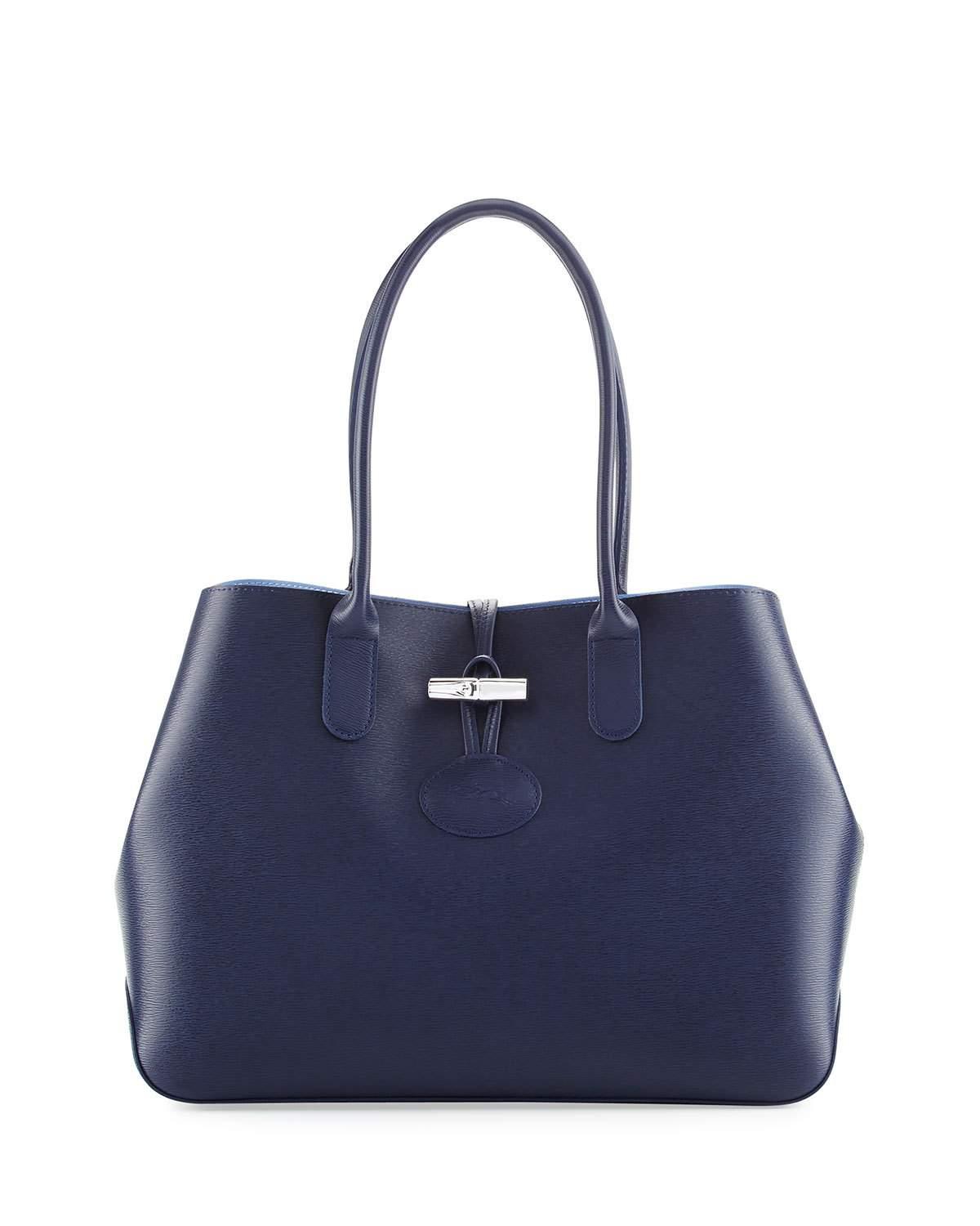 Longchamp Roseau Reversible Leather Shoulder Tote Bag in Blue | Lyst