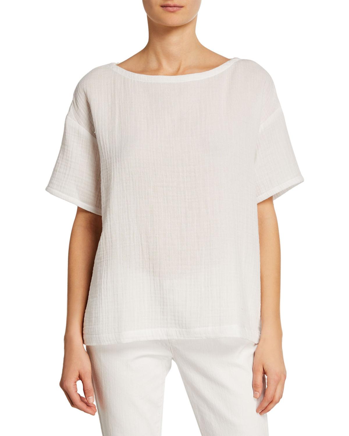 Eileen Fisher Petite Shortsleeve Cotton Gauze Top in White Save 12