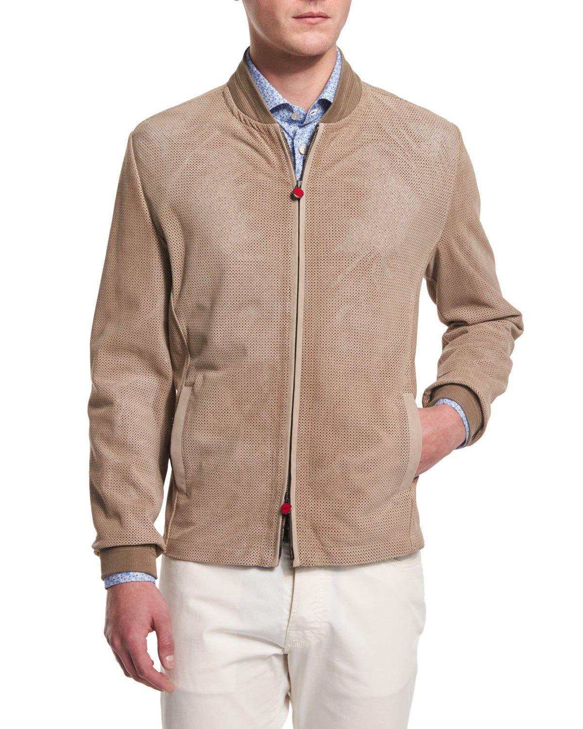 Kiton Perforated Suede Bomber Jacket in Brown for Men - Lyst