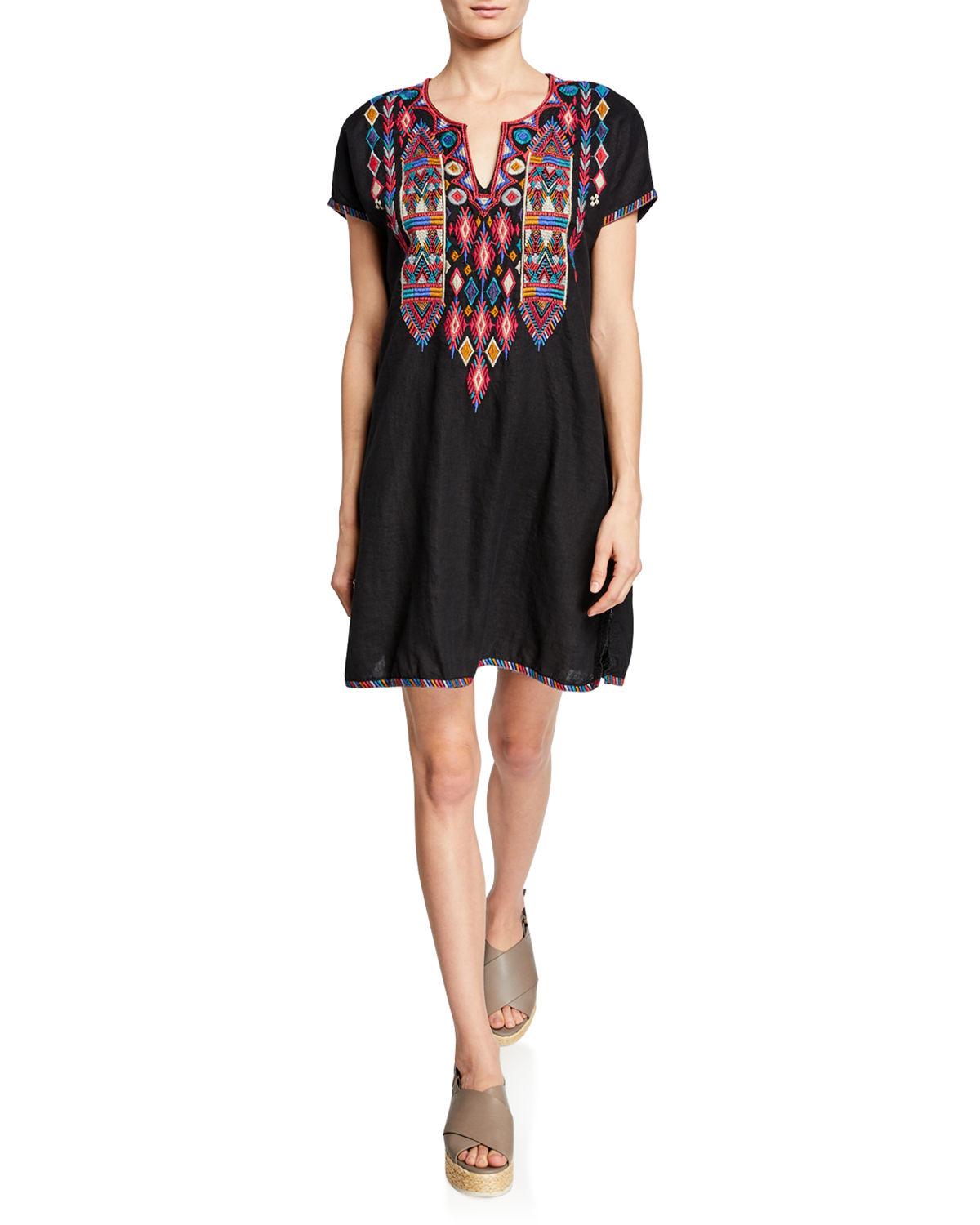 Johnny Was Petite Etienne Embroidered Short-sleeve Easy Linen Tunic