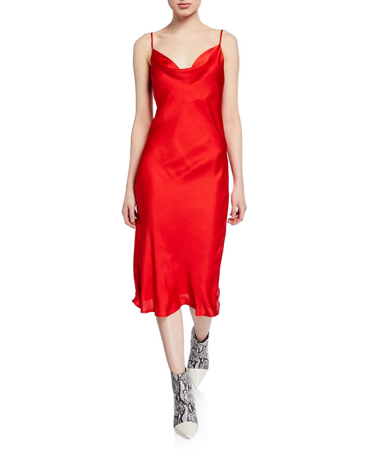 Bardot Cowl Neck Spaghetti Strap Satin Slip Dress In Red Lyst 