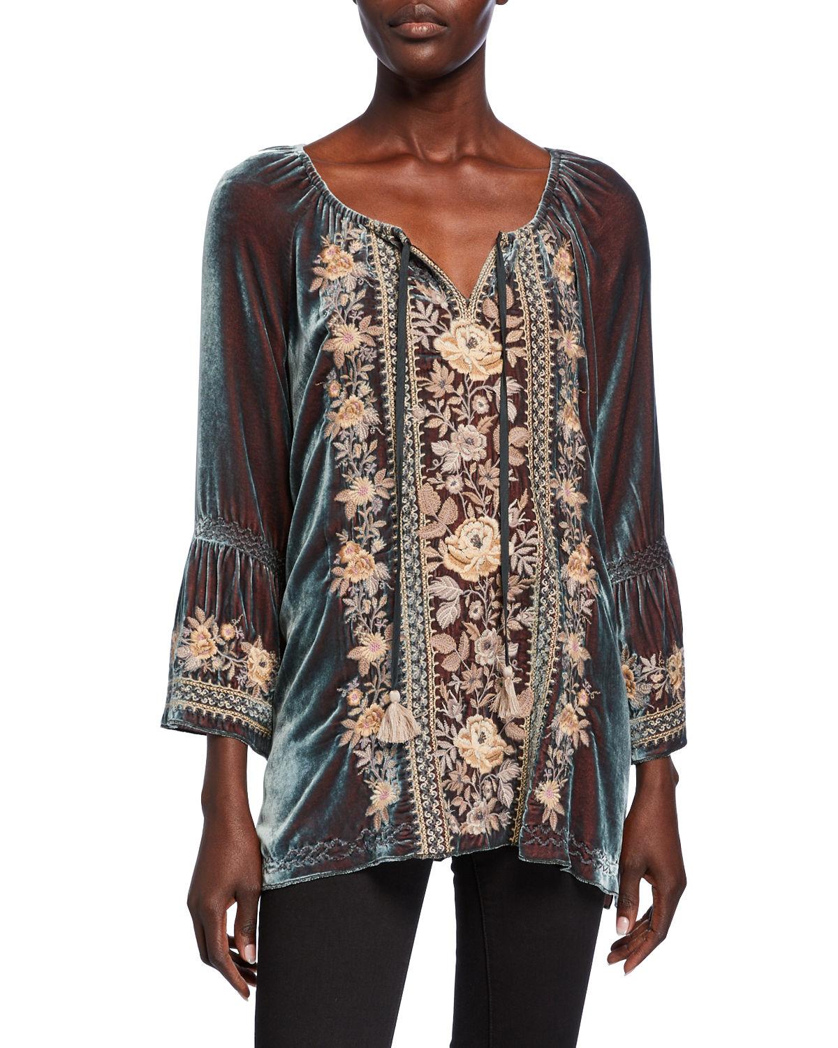 Johnny Was Marushka Floral-embroidered Velvet Flare-sleeve Top in Blue ...