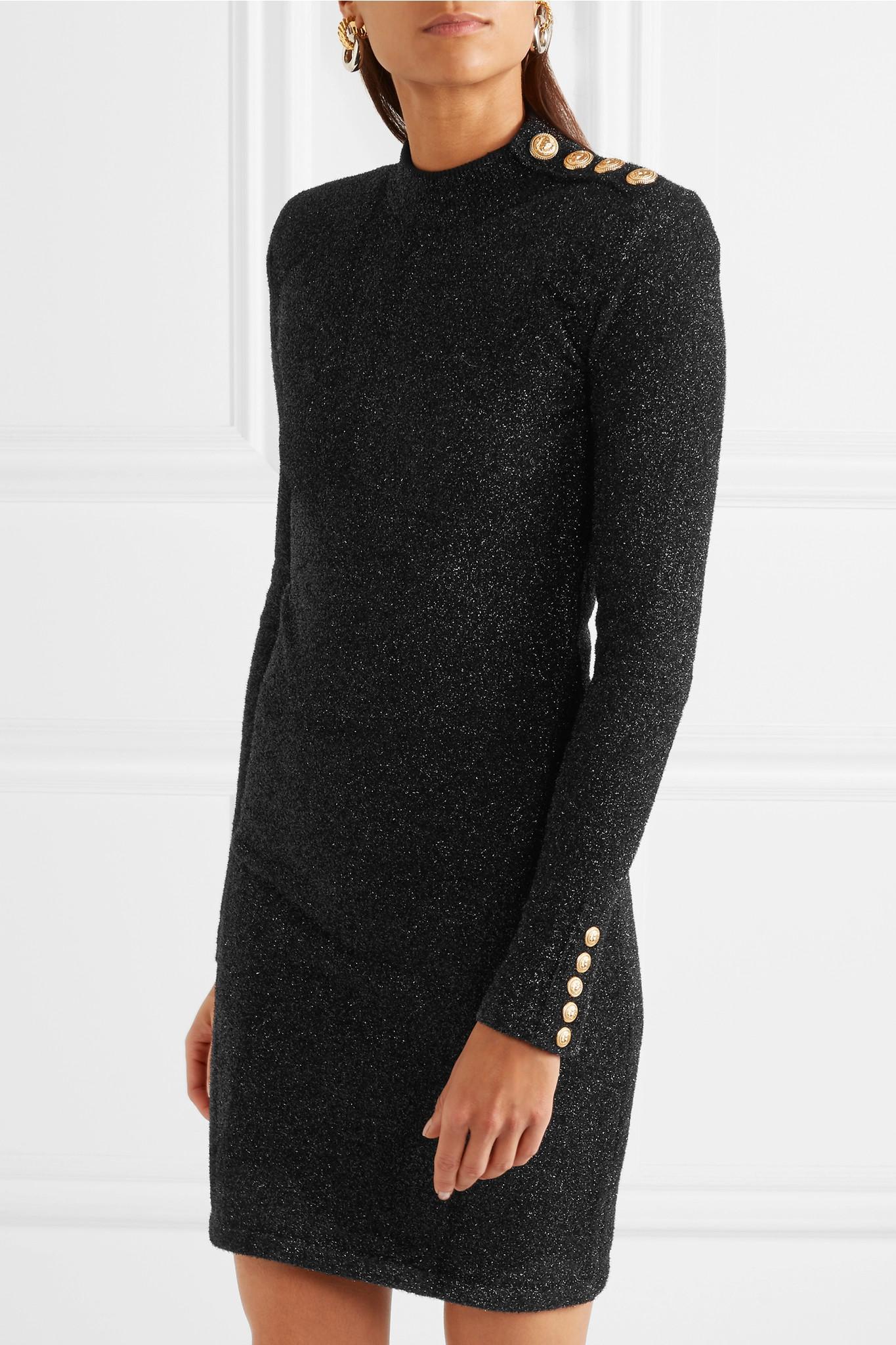 Lyst - Balmain Button-detailed Metallic Knitted Mini Dress in Black