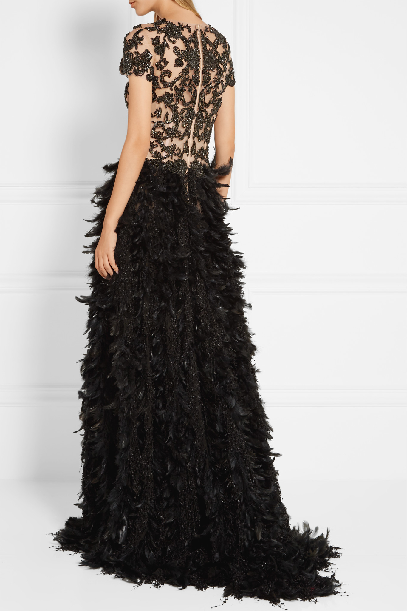 Marchesa Feather-trimmed Embellished Tulle And Chiffon Gown in Black - Lyst
