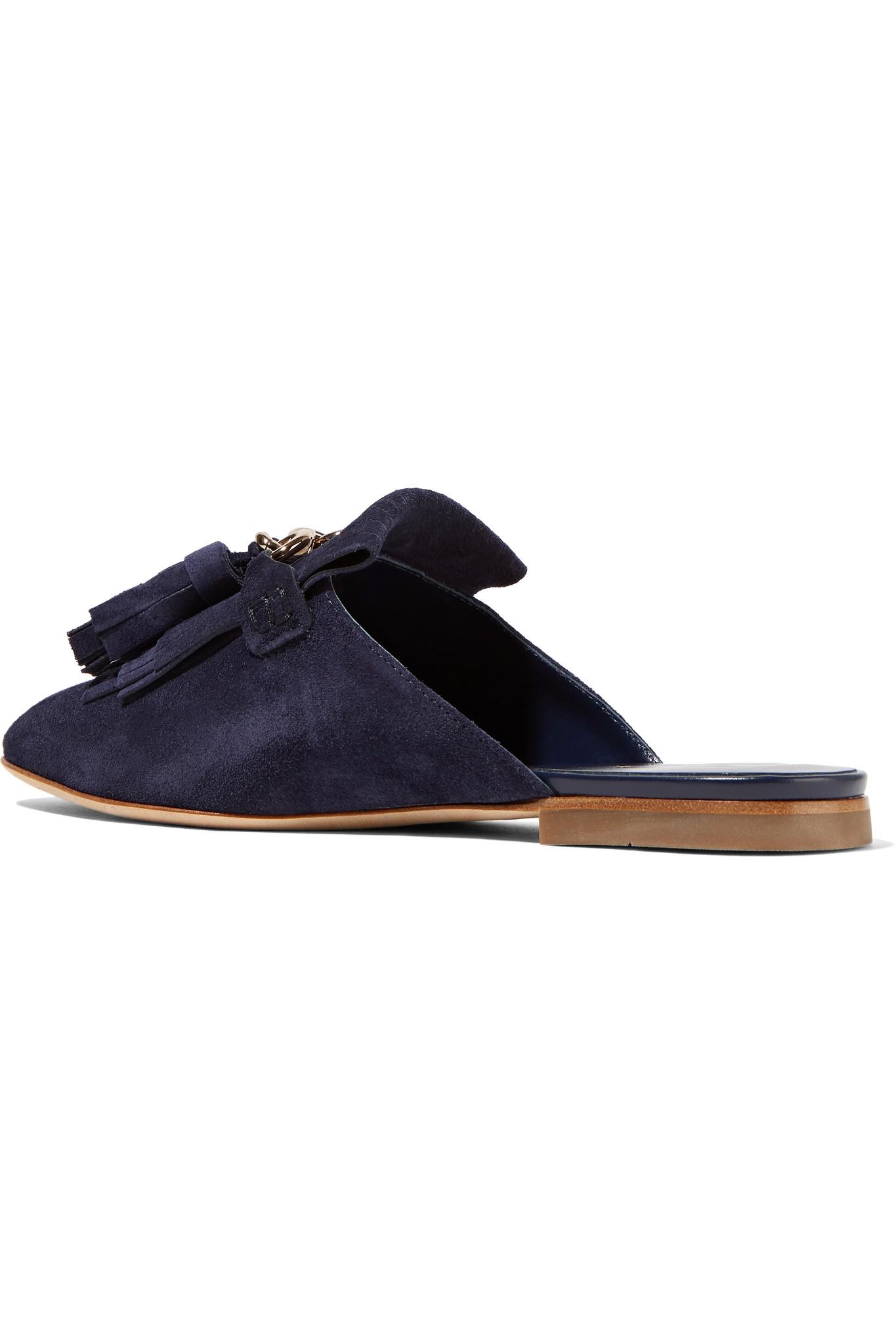 Tod's Fringed Suede Slippers in Blue | Lyst