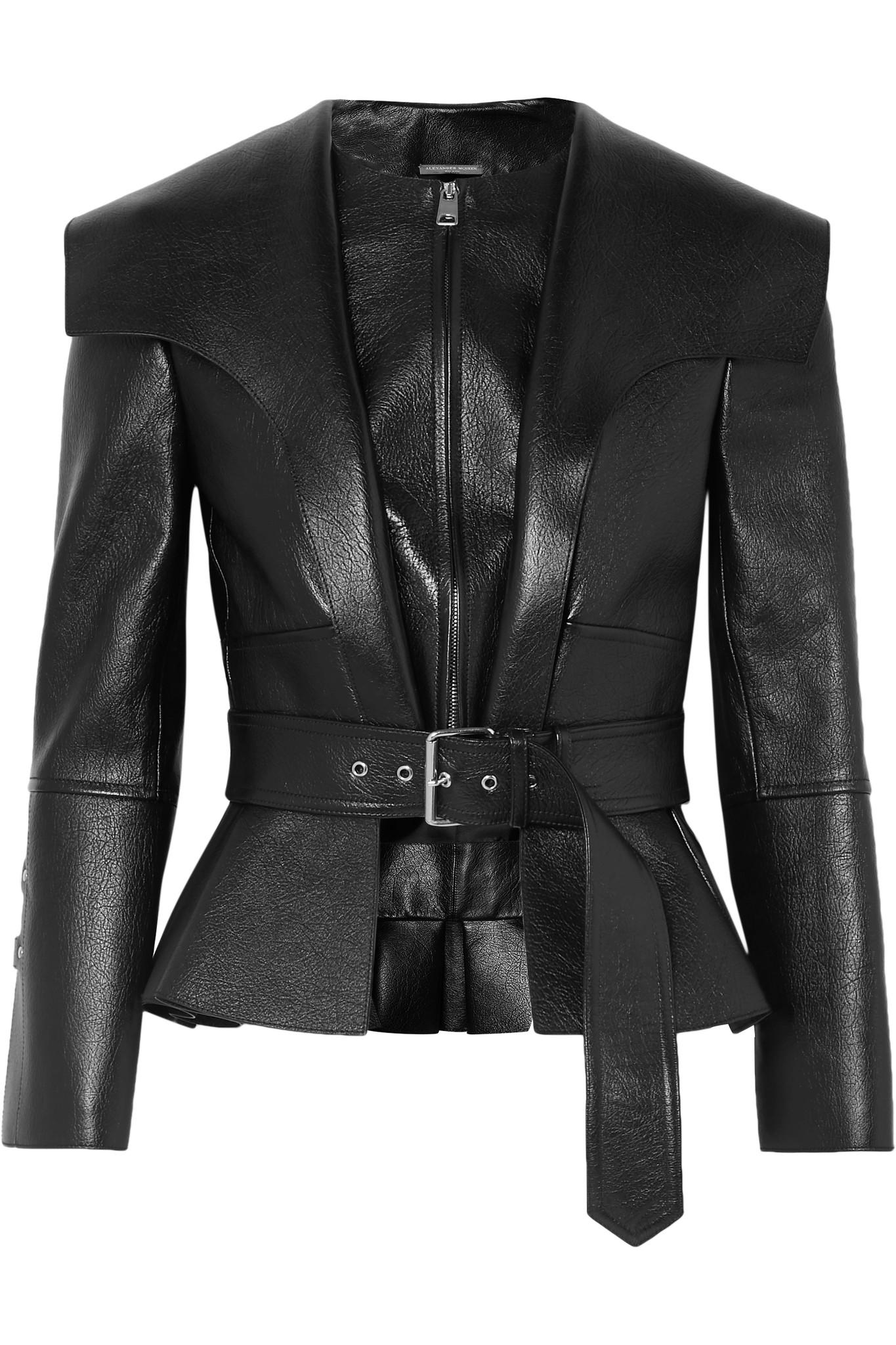 Lyst - Alexander McQueen Textured-leather Belted Peplum Jacket in Black