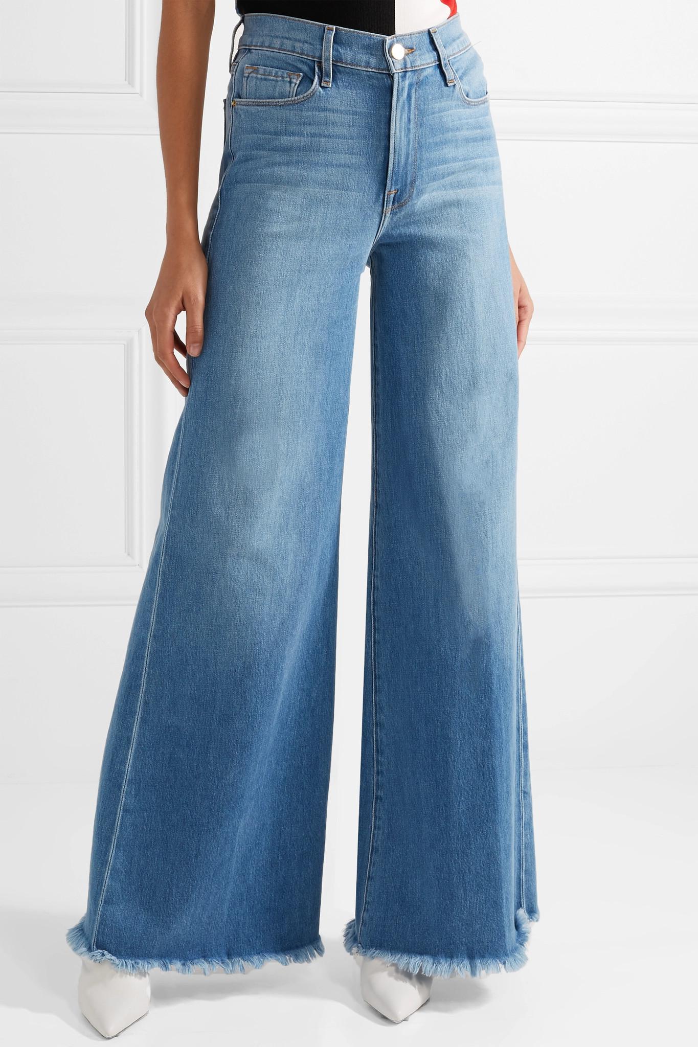 Lyst - Frame Frayed Faded High-rise Wide-leg Jeans in Blue
