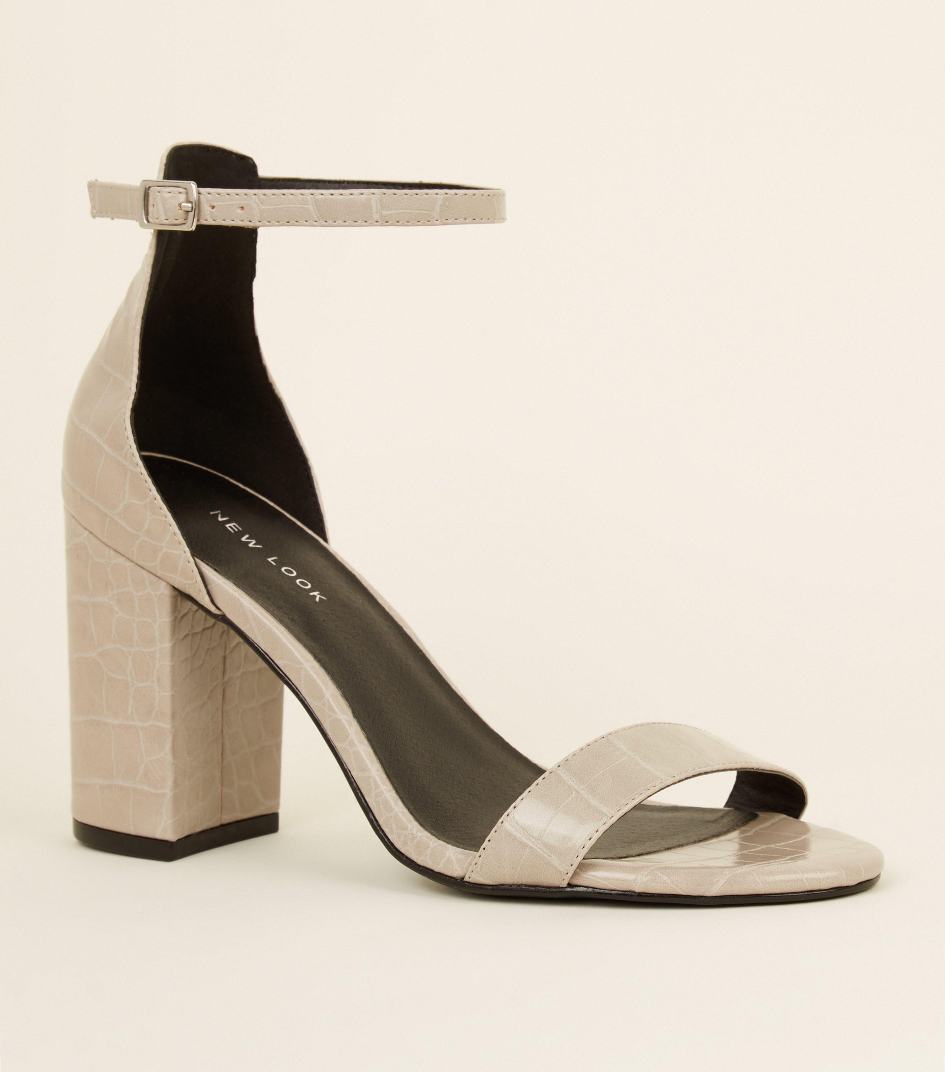 Grey Faux Croc Block Heel Sandals