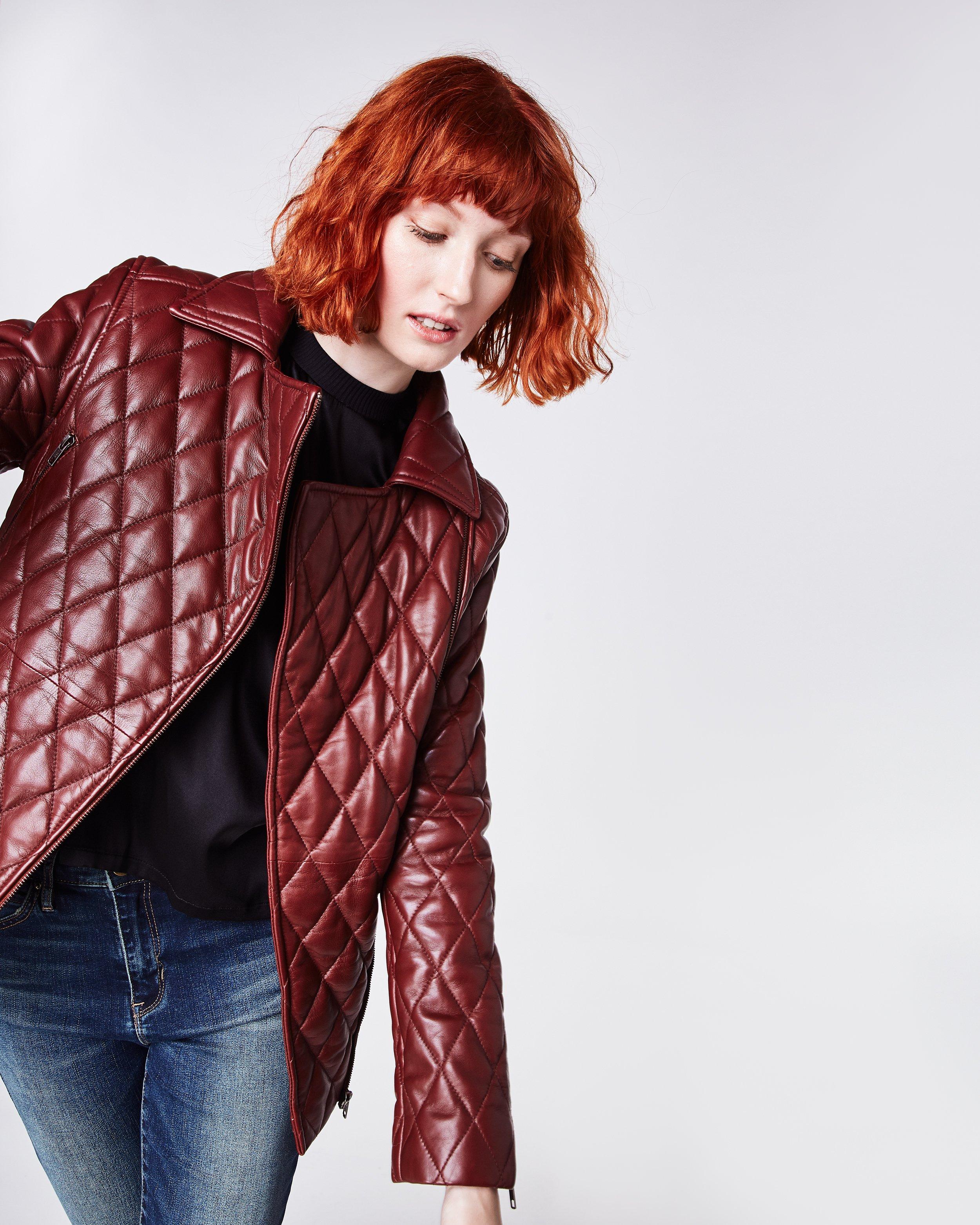 Lyst Nicole Miller Quilted Leather Long Moto Jacket In Red Save 50