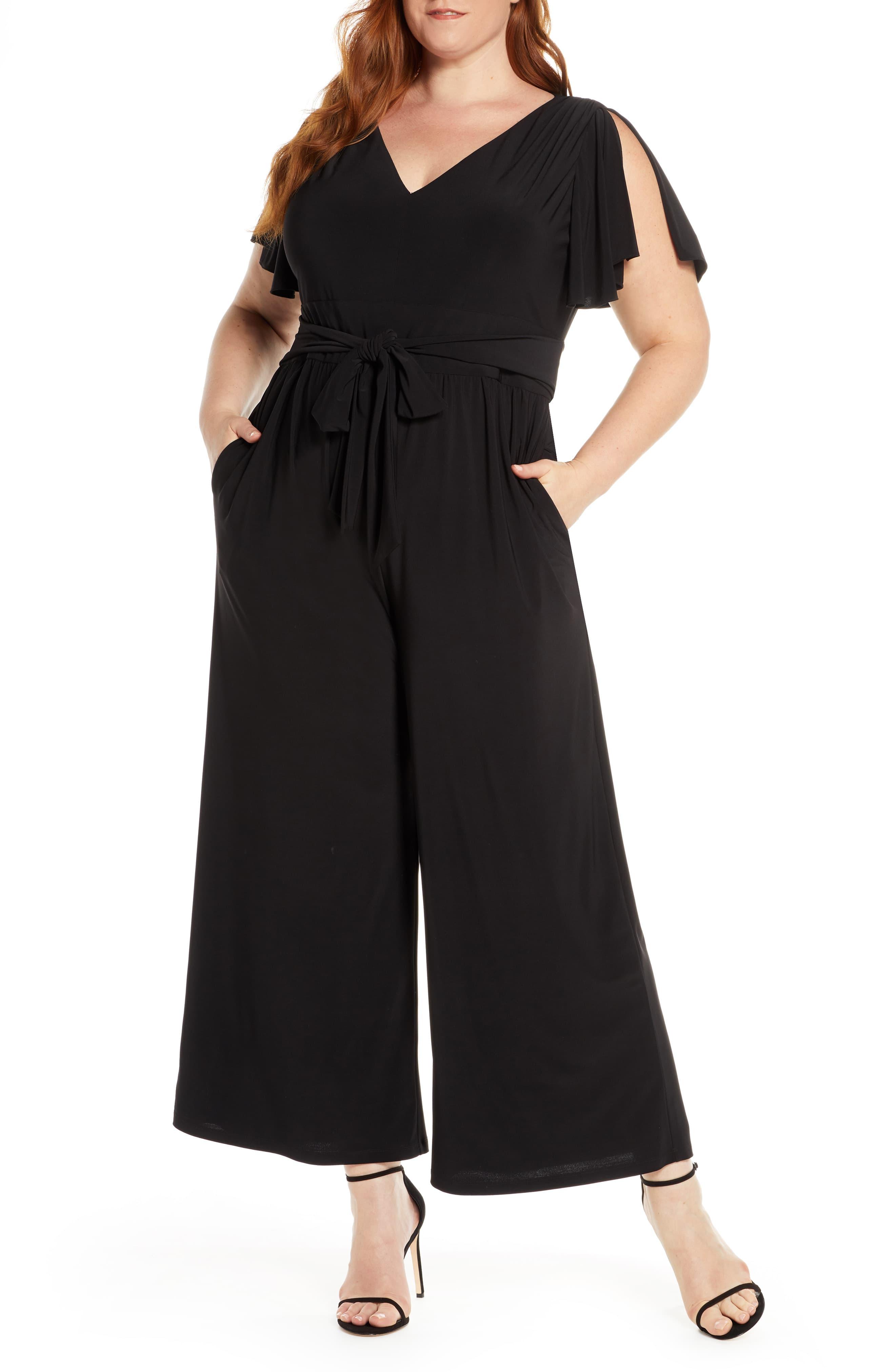 Eliza J Flutter Sleeve Wide Leg Jersey Jumpsuit in Black - Lyst