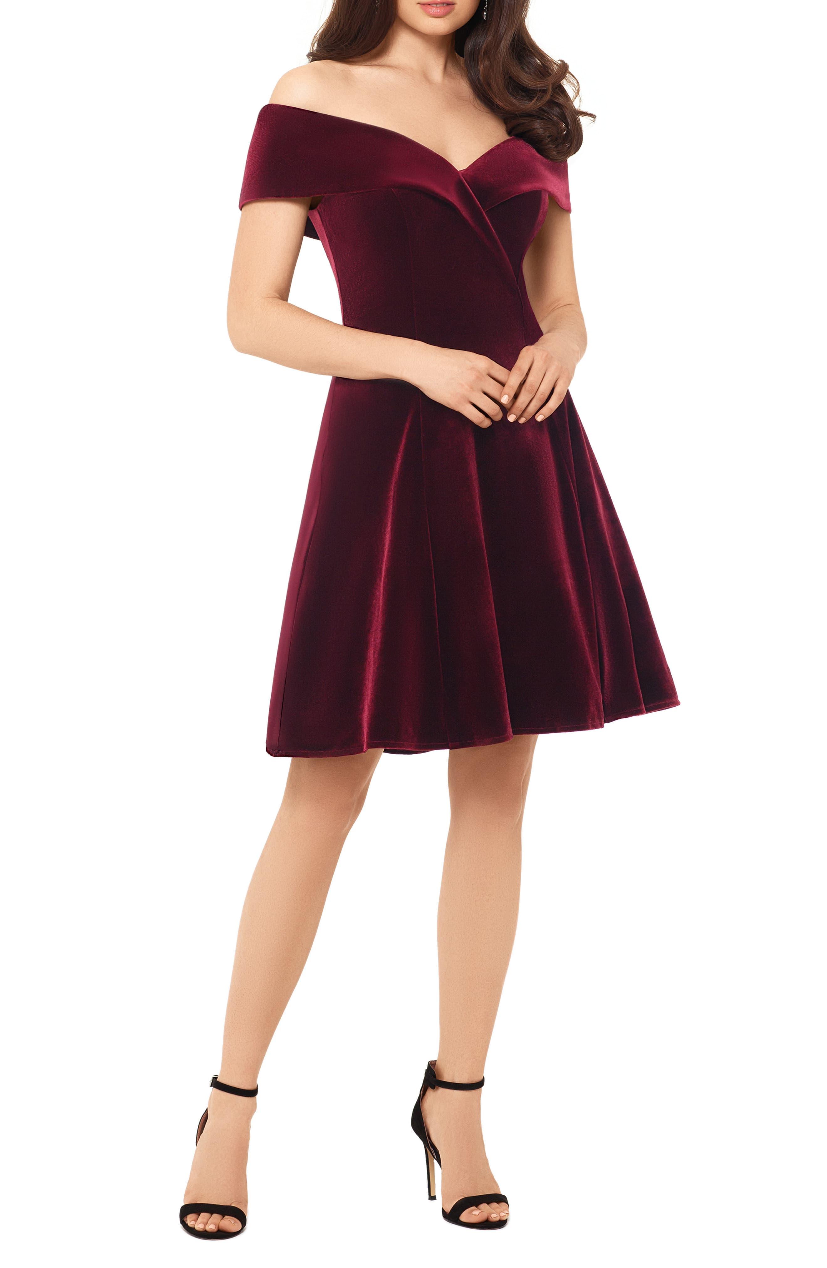 Xscape Off The Shoulder Velvet Party Dress In Burgundy Red Lyst 9586