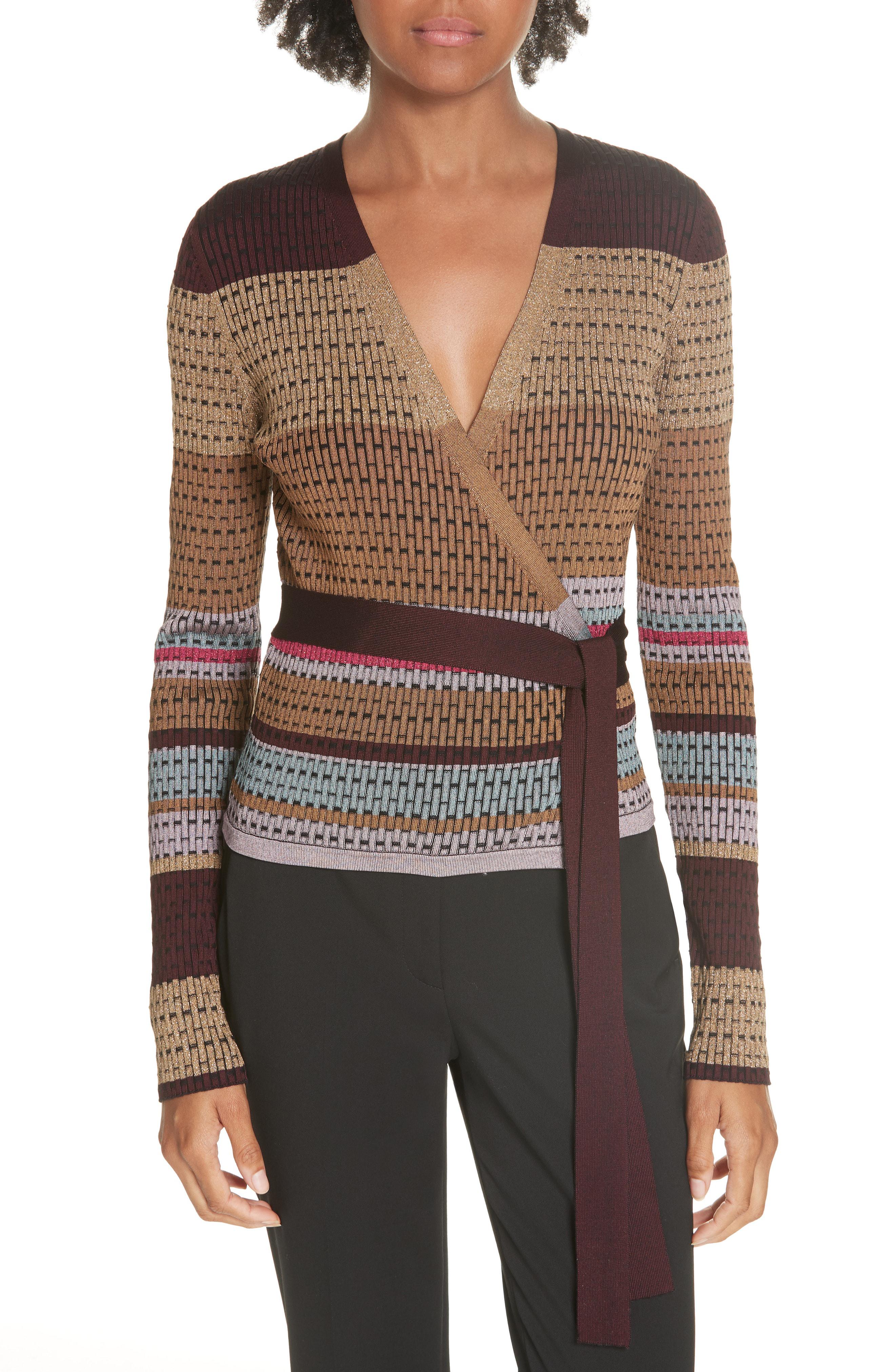 Lyst Diane von Furstenberg Metallic Striped Wrap Sweater in Brown