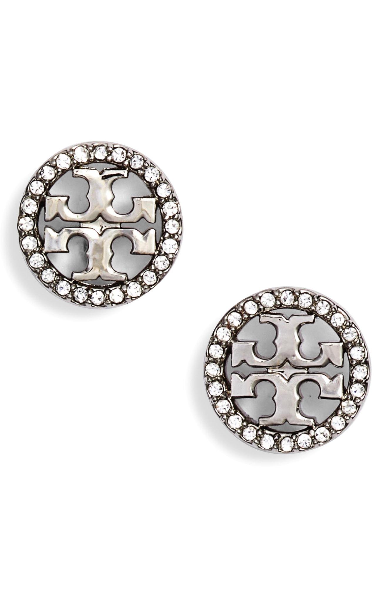 Lyst - Tory Burch Crystal Logo Circle Stud Earrings in Metallic