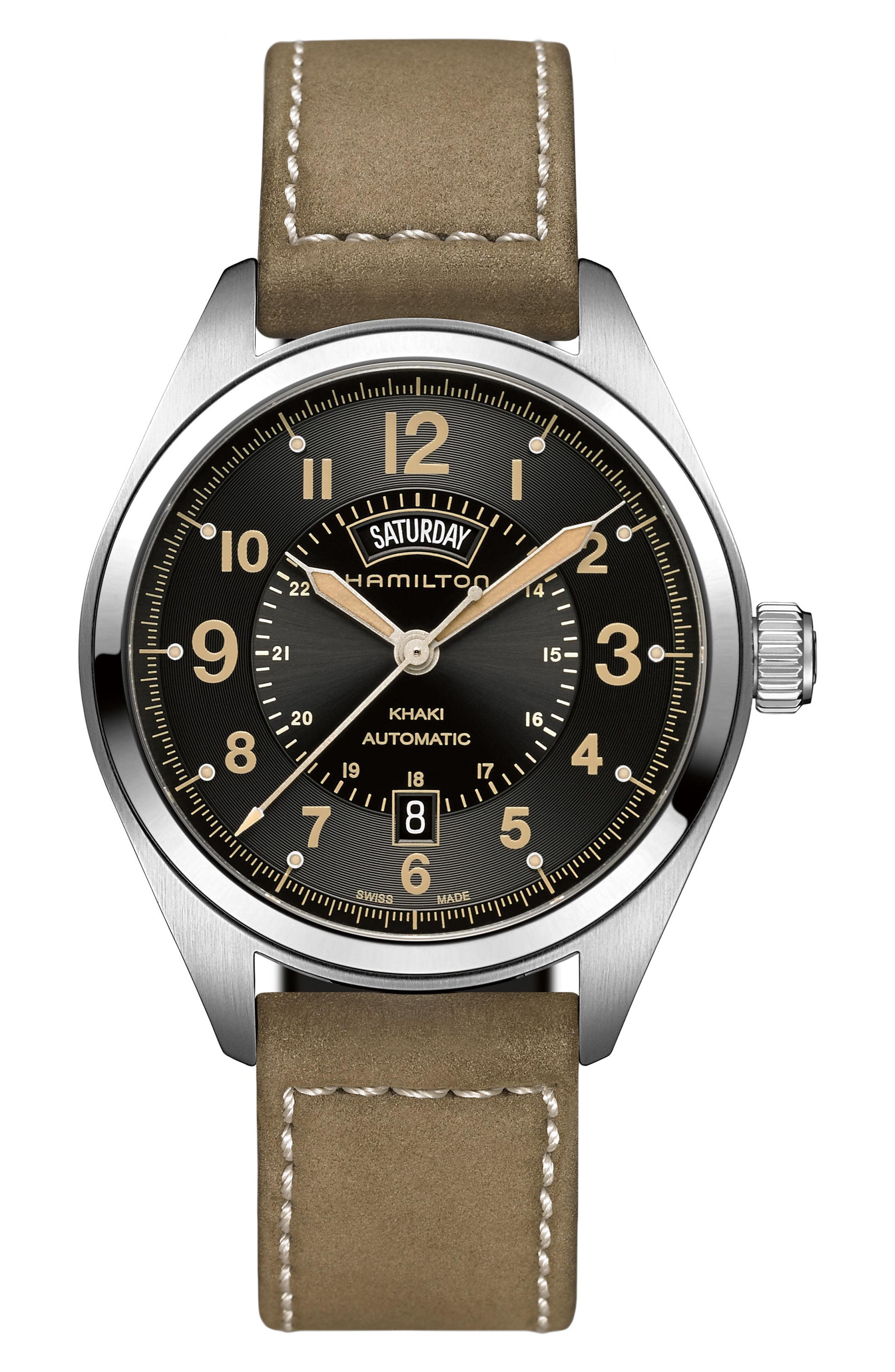 Lyst Hamilton Khaki Field Automatic Leather Strap Watch in Metallic