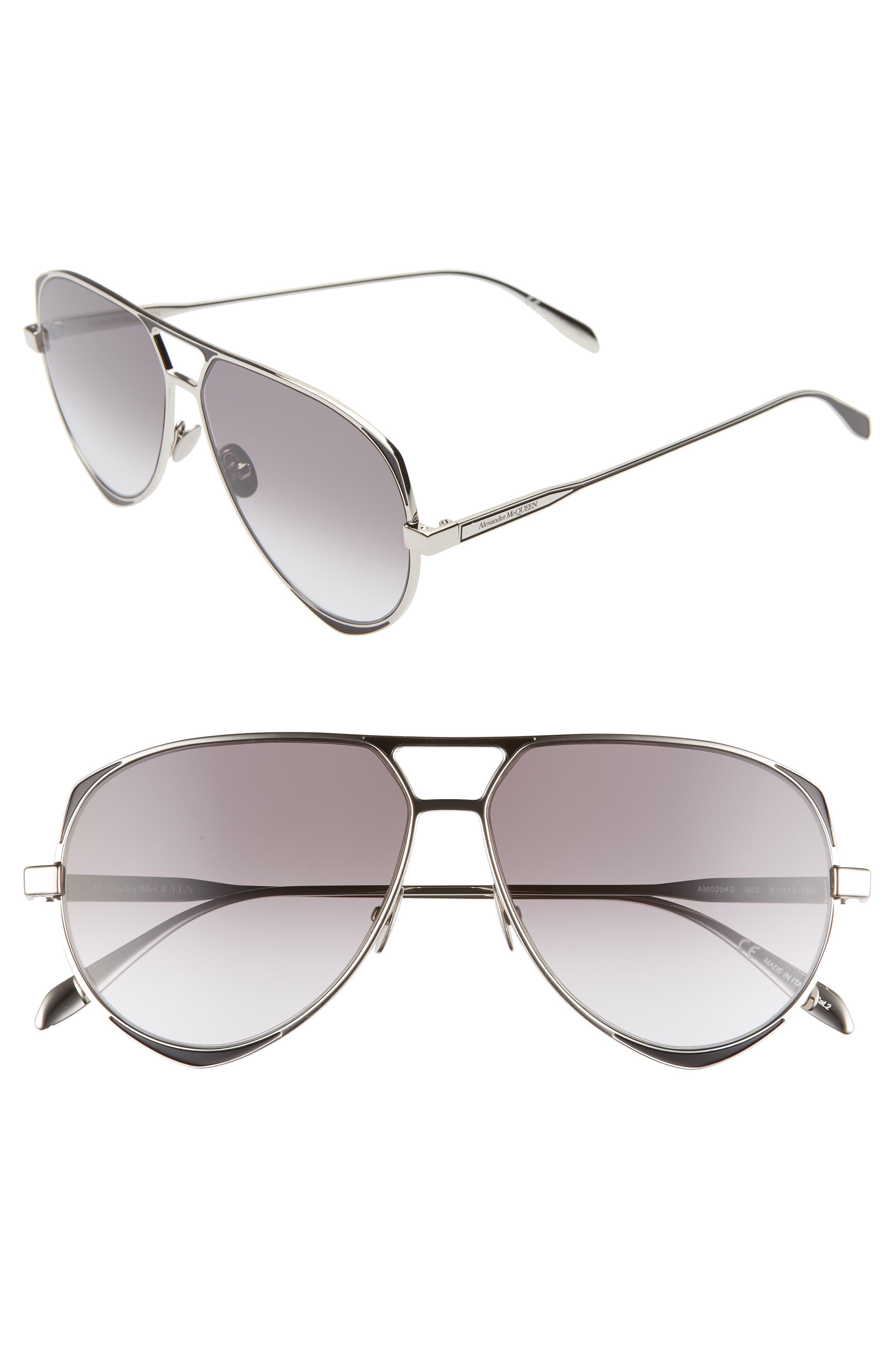 Alexander McQueen 61mm Aviator Sunglasses - Shiny Silver/ Black in