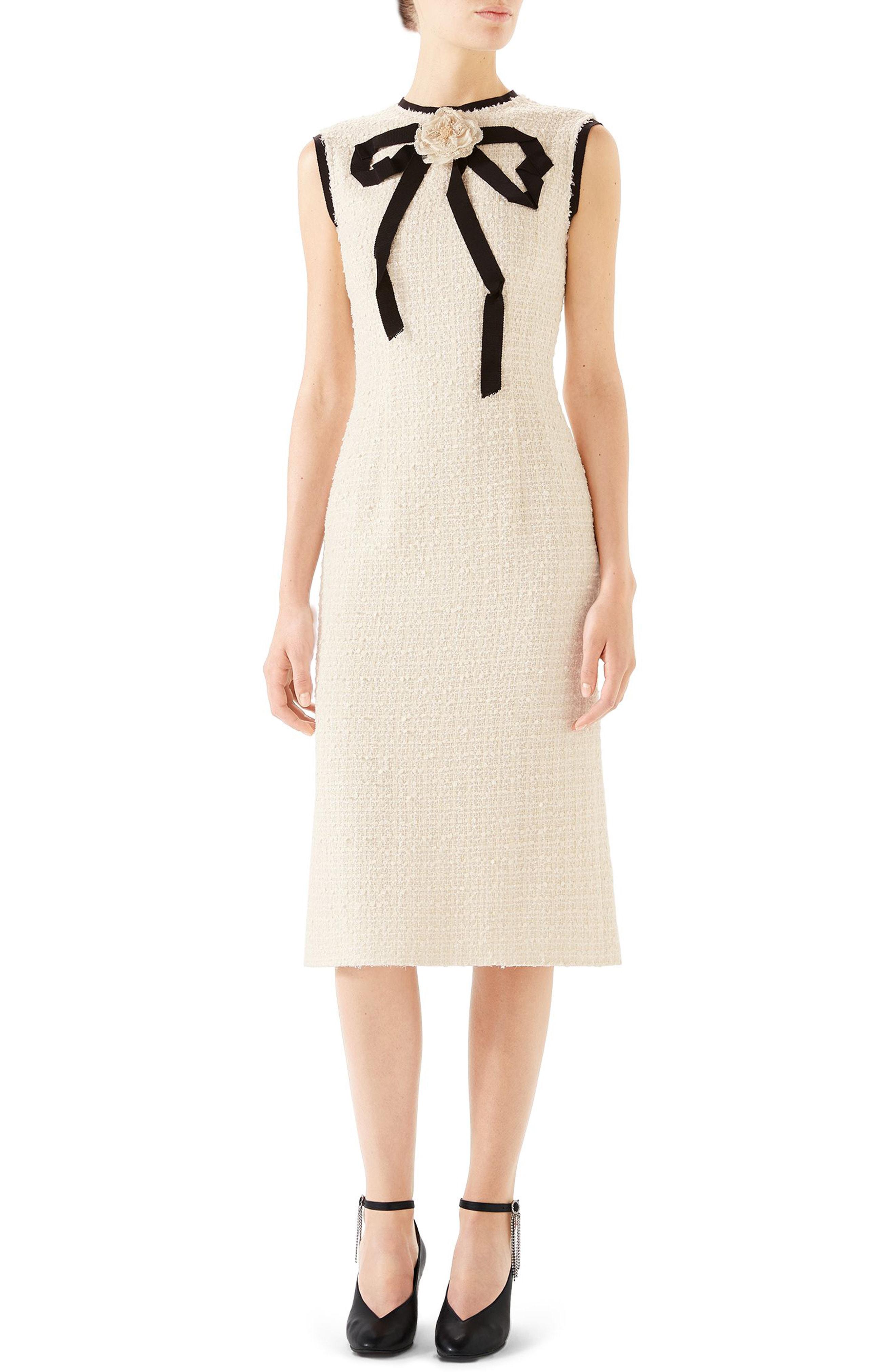 Lyst Gucci Bow Tweed Midi Dress In Natural