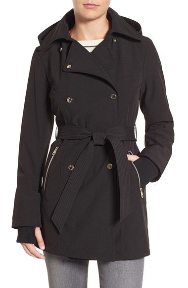 Jessica simpson Double Breasted Soft Shell Trench Coat in Black | Lyst