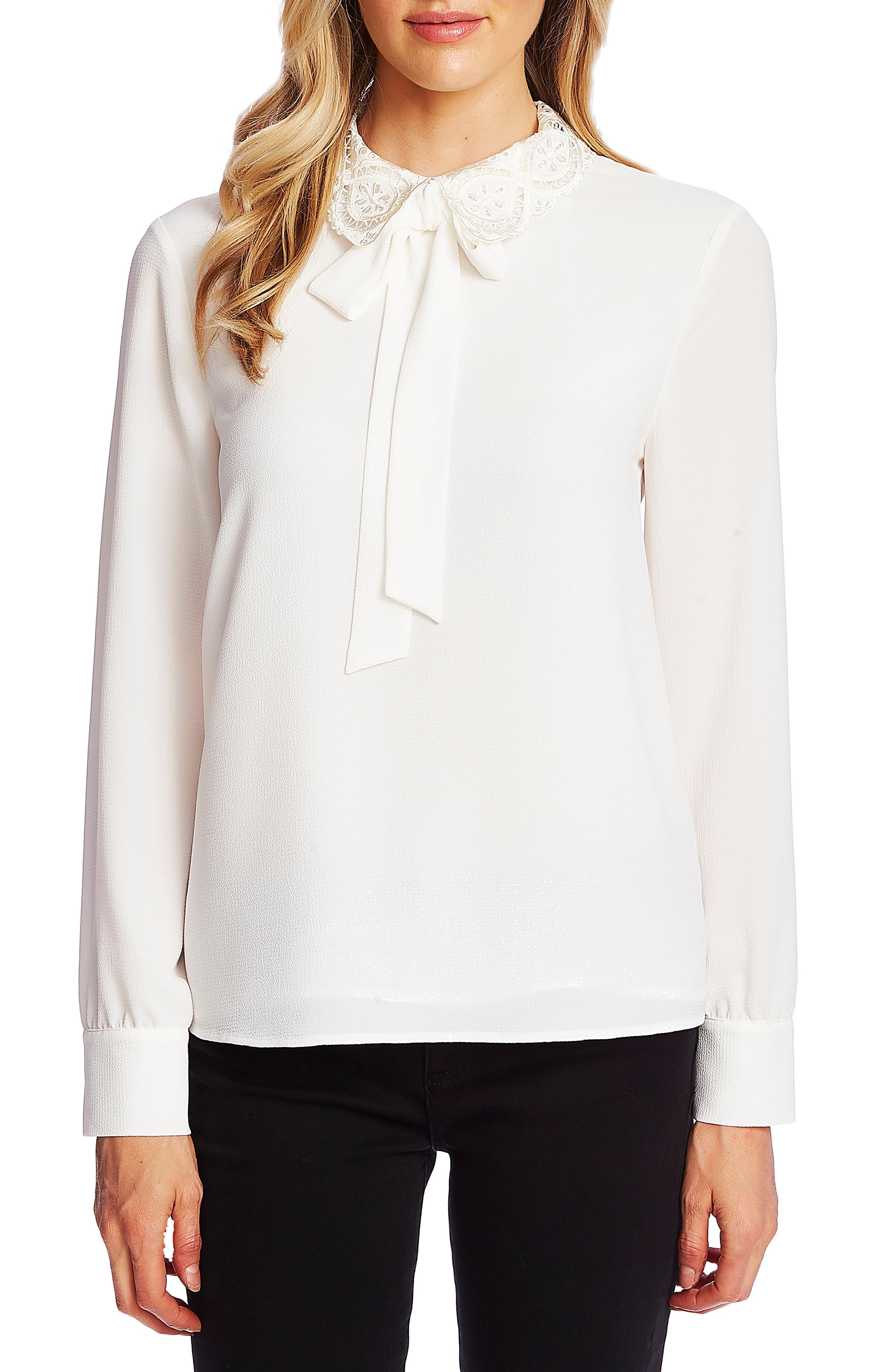 Cece Eyelet Collar Tie Neck Blouse in Soft Ecru (White) - Lyst