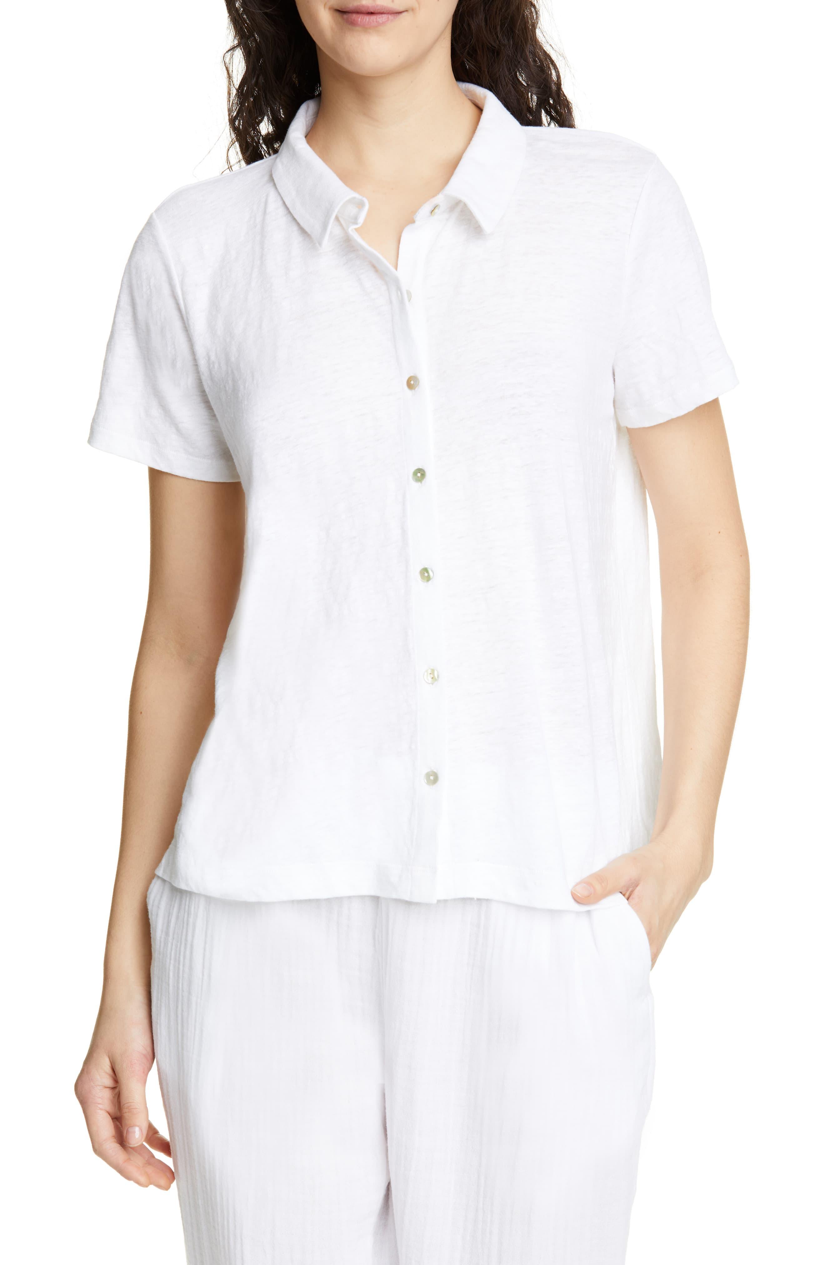 Eileen Fisher Short Sleeve Organic Linen Button Up Blouse in White - Lyst